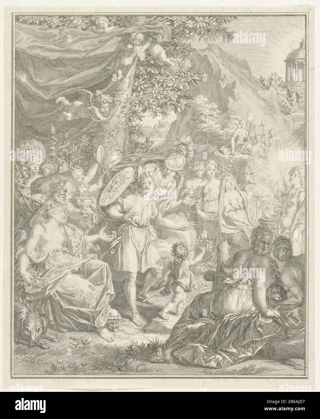 Allegorische Aufführung mit Telemachus und Minerva Avonturen von Telemachus (Serientitel) Telemachus in Begleitung von Minerva, die ihn auf die zahlreichen allegorischen Figuren hinweist, die sie umgeben. Indem Sie das Bild mit demselben Titel drucken. Illustration mit einer Geschichte von Adventures of Telemachus, geschrieben von François de Fénélon. Hersteller : Druckmaschine Jacob Folkemanaar Design: Bernard Picart dating: 1733 Physikalische Merkmale: Hinterdruck Ätzmaterial: Papiertechnik: Hinterdruck Abmessungen: Blatt: H 229 mm × W 187 mm Betreff: (Geschichte von) Minerva (Pallas Athena) (Geschichte von) Tele Machu Stockfoto