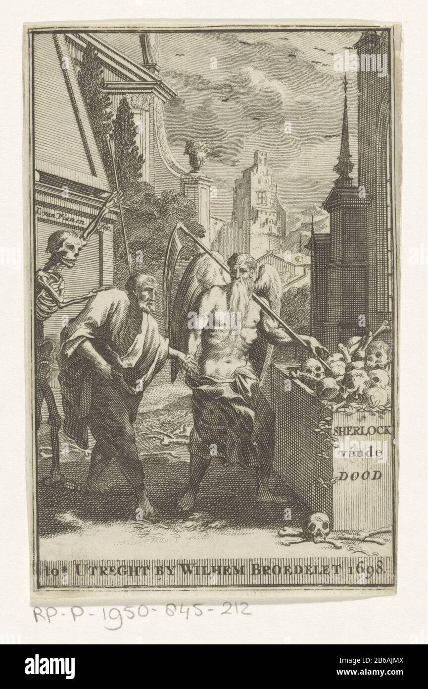 Allegorie des Todes, der Zeit des Vaters und eines alten Mannes Sherlock Tod (Titelobjekt) Father Time mit Schüchtern führt einen verängstigten alten Mann zu einem Grab mit Schädel und Text Sherlock Tod. Hinter dem Mann steht Der Tod als Skelett mit einem Pfeil auf dem bemannt-Hauptgericht. Hersteller : Druckerhersteller Jan van Vianen (denkmalgeschütztes Gebäude) Verleger: Willem Broedelet (denkmalgeschütztes Eigentum) Ort Herstellung: Utrechter dating: 1698 Material: Papiertechnik: Enna (Druckverfahren) / Ätzmaße: Blatt: H 138 mm (Innerer Schnitt der Plattenkante) × W 90 mm (Innerer Schnitt der Plattenkante) Anmerkungen Drucken kann eine Titelseite sein Stockfoto