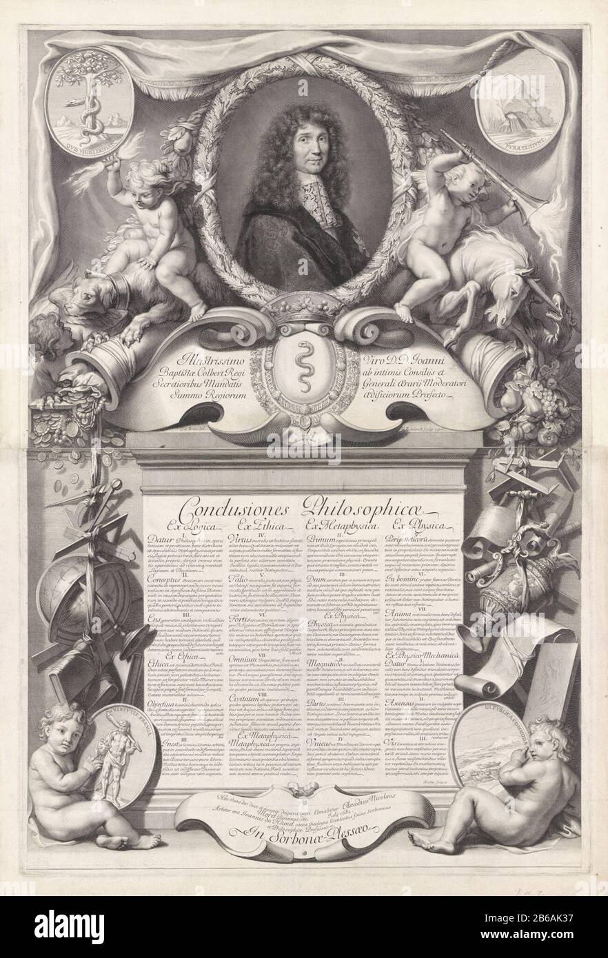 Mit allegorischem Porträt von Jean-Baptiste Colbert Print in zwei Teilen, gefertigt für den Vertrag der philosophischen Claude-Nicolas Morel, ein siebzehnter Theologe an der Sorbonne. Unter dem Porträt des Staatsmannes Jean-Baptiste Colbert sind die Hauptpunkte der These genoemd. Hersteller: Druckerhersteller Gerard Edelinck (unter Denkmalschutz) zur Zeichnung von Charles Le Brun (unter Denkmalschutz) zum Gemälde: Pierre Mignard (1612 - 1695) (unter Denkmalschutz stehendes Gebäude) Druckerhersteller: Reicher (unter Denkmalschutz stehendes Eigentum) Privilegien-Anbieter: Ludwig XVI (König von Frankreich) (unter Denkmalschutz stehendes Gebäude) Ort Herstellung: Druckereier Paris zum Zeichnen: Stockfoto