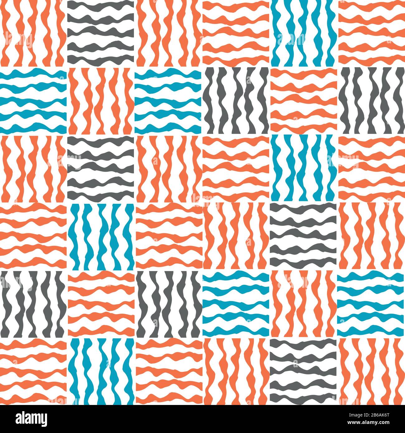 Vektor-PLAID-Gewebe weben nahtlosen Musterhintergrund. Kleine orangefarbene, blaue, graue Quadrate geometrische Stoffkulisse. Unregelmäßiger wiederholen des Baumwolleffekts mit Stock Vektor