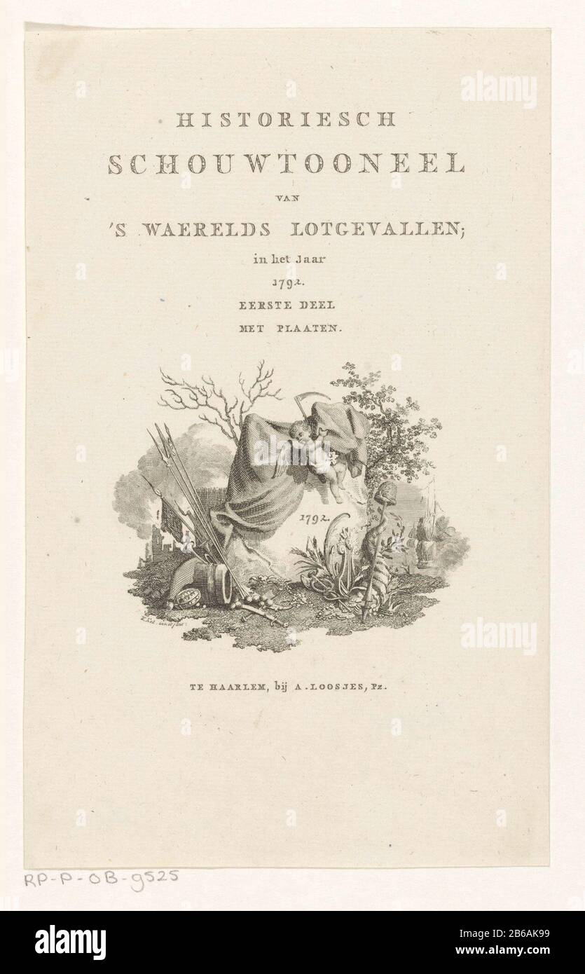 Allegorische Aufführung mit Putto mit Scythe Titelseite für Sn Historiesch Theater von s waerels Schicksal im Jahr 1792er, 1792Er In der Mitte ist ein Stein mit dem Jahr 1792er, daran hängt ein Tuch. Denn der Stein fliegt einen Putto mit einer Schythe. Richtig sind die Cornucopia, ein Caduceus und eine Lanze mit Freiheitshut. Links sind verschiedene Waffen und Blaasinstrumen. Hersteller: Druckmaschine: Kokuitgever Willem Adriaan Pietersz. Loosjes (Listed Property) Herstellung: Druckmaschine: Amsterdam Herausgeber: Haarlem dating: 1792Physical Features: Ätzmaterial: Papiertechnik: Ätzmaße: Blatt: Stockfoto