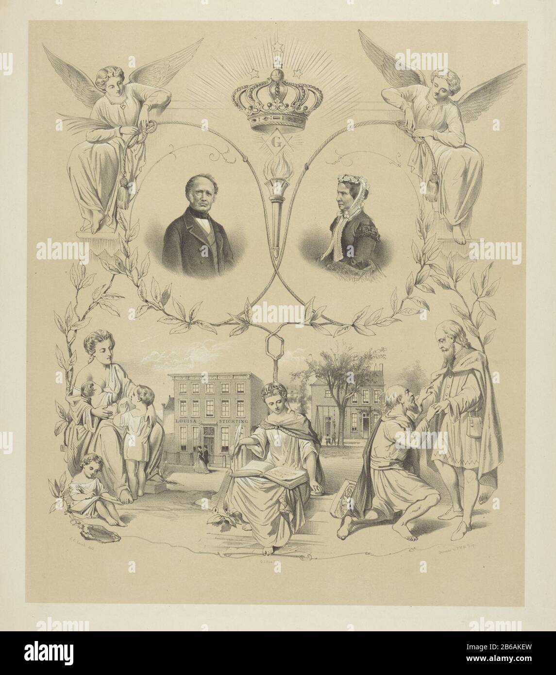 Allegorie auf die Entstehung der Louisa-Stiftung Inmitten der Porträts der Gründer, Prinz Henry und seiner Frau Louise von Preßburg, umgeben von Seilen und Blättern. Zwischen ihnen besteht eine Fackel und das Symbol der Freimaurerei aus einem Kompass, Quadrat und dem Buchstaben G. Darüber hinaus besteht eine Krone. Die Seile werden von zwei, und geknoteten Engeln gehalten. Links unten ist eine Frau mit drei Kindern, darunter Die Eine zur Brust. Mitte unterstützt eine sitzende Frau in einem Buch. Unten rechts zwei ältere Männer. Der Mann, der einen Geldbeutel auf seinem Gürtel hält und die Hände des anderen Mannes hält. Dieser Mann kniet barfuß vor ihm. Hinter t Stockfoto