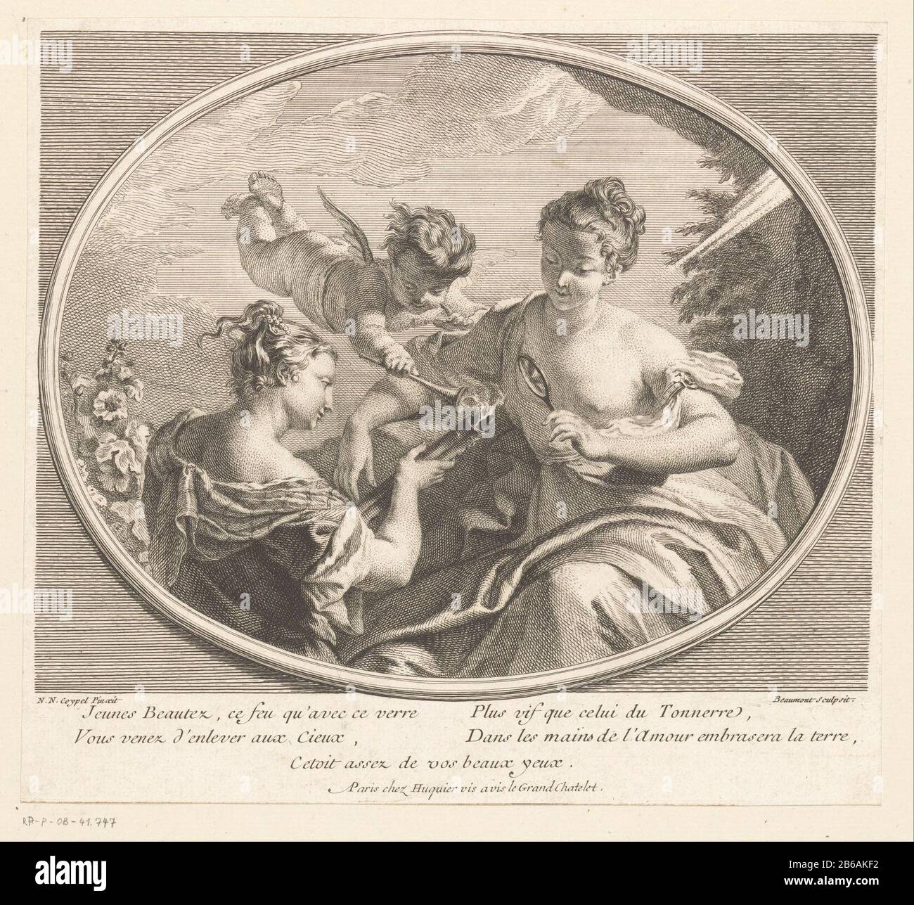 Allegorische Voorstelling auf Oorsprong van vuur Junge Schönheiten, dieses Feuer mit diesem Glas Lebendiger als der Thunder (titel op object) Allegorie auf den Ursprung von Feuerjeunes Beautez, ce feue qu'avec far ce que celui du Tonnerre plus vif (...) (title object) Objekttyp: Bildnummer: RP-P-ob 41,747Katalogogusreferentie: IFF 18e siècle 8LeBlanc 7 Aufschriften / Marken: Sammlermarke, Verso, gestempelt: Lugt 240 Hersteller: Druckerhersteller: Pierre François Beaumont (Listed Property) zum Gemälde: Noël-Nicolas Coypel (Listed Building) Verlag: Gabriel Huquier (Listed Object) Place Manufacturer Stockfoto