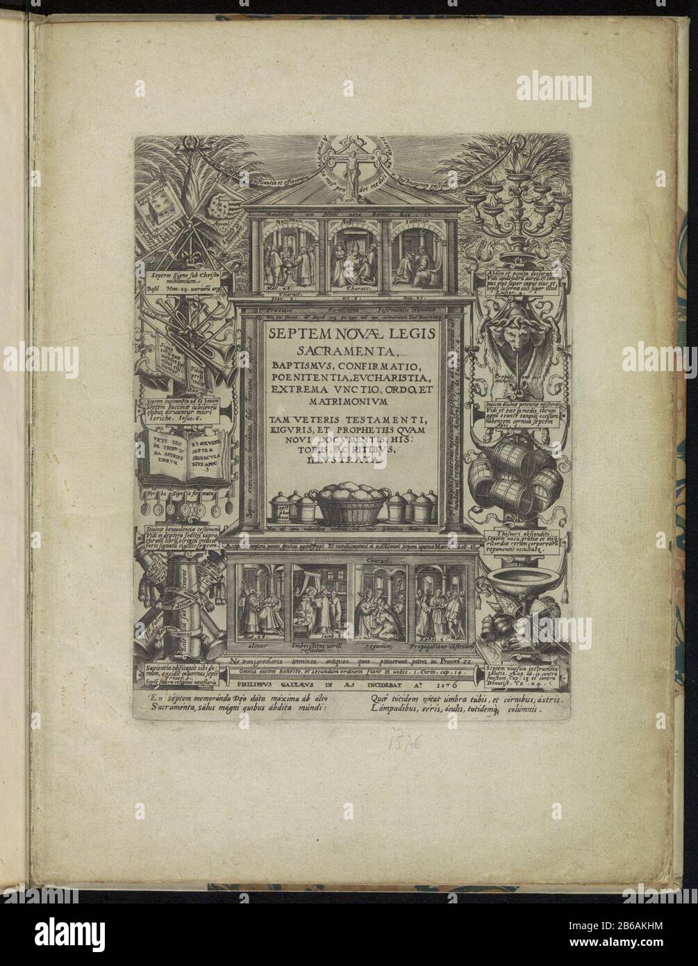 Allegorische Aufführung über die sieben Abendmahlsakramente Die sieben Abendmahlsakramente (Serientitel) Septem Novae Legis Sacramenta (Serientitel Objekt) Titelpost für eine Serie über die sieben Narramente. Zentraler Titel mit einem Brotsorb und sieben Fässern. Über dem Titel und mit dem Titel ein Fries mit Szenen der sieben Abendmahlskelche: Taufe, Firmung, Beichte, Eucharistie, extreme Verfügung, Heilige Orden und Heirat. Linke und rechte Verzierungen, Symbole und Schriften, die sich auf die Abendmahlsgegenstände beziehen. Links schließen Musical und das Buch mit den sieben Siegeln der Offenbarung ein. Richtig: Die Menorah, ein Ansturm Stockfoto