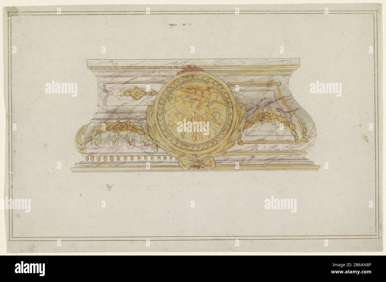 Lammmedaillenaltar mit Kreuzgestaltung für einen mit Girlanden und ein Medaillon mit Lamm und Kreuz. Das Medaillon ist als Korrektur über einer signierten Kartusche eingeklebt. Hersteller: Zeichner: Van der Gucht (auf dem Objekt angegeben) Datum: 1600 - 1700 Physikalische Eigenschaften: Stift in Schwarz in Farbe und Pinsel, Medaillon wird über dem Original eingeklebt, Siegel-Wachs enthielt Restmaterial: Papier Aquarell Tinte Siegel-Wachs Technik: Stift / Pinsel / Paste Abmessungen: Blatt: 185 mm × h 281 b mm Betreff: Altarornament  Medaillenkreuz mit Symbol für Christus darauf, z. B. Lamm Stockfoto