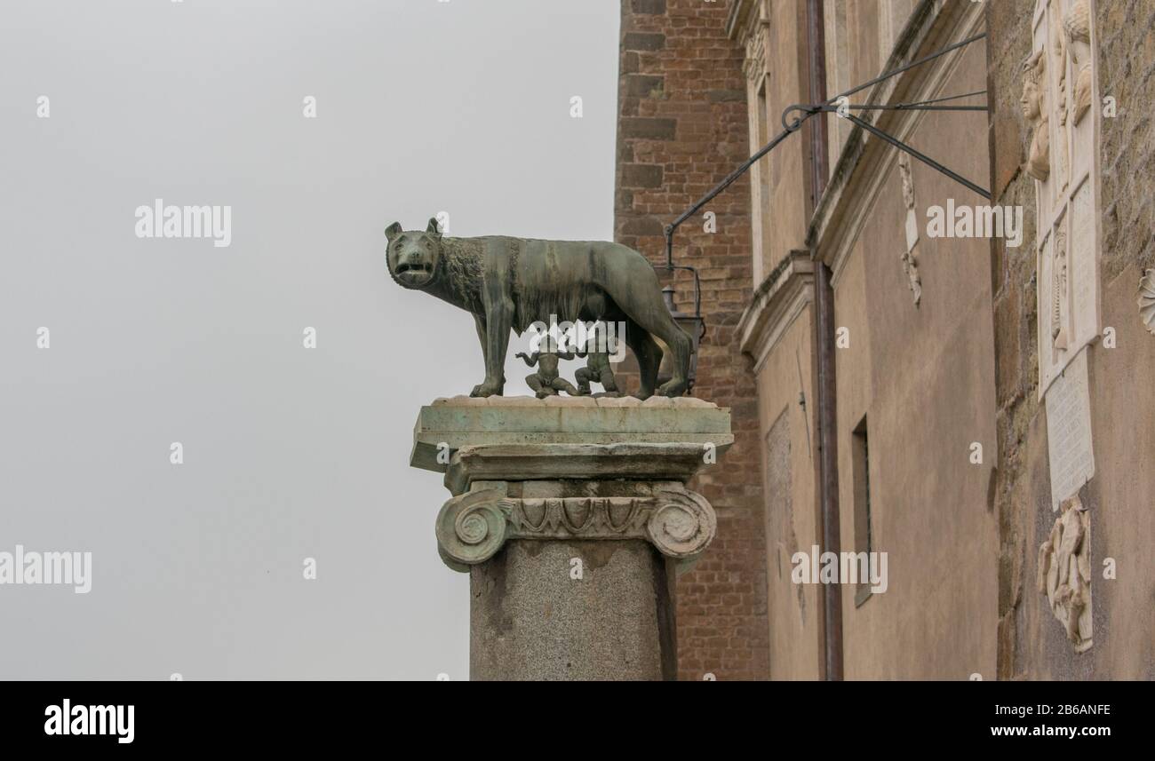 Statue des Kapitolinischen Wolfs, der Romulus und Remus in Rom, Italien, saugt. Stockfoto