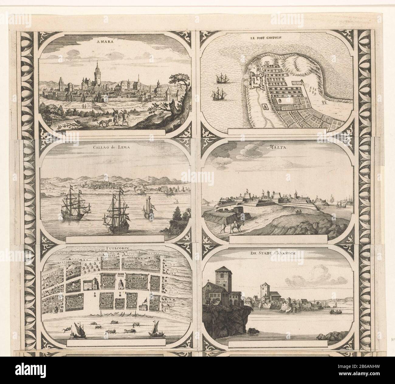 Amara Callao de Lima Tutecorin Le Fort Davphin Malta Stadt Cananoor (Titelobjekt) Amara / Callao de Lima / Tutecorin / Le Fort Davphin / Malta / Die Stadt Cananoor (Titelobjekt) Objekttyp: Postkarte Artikelnummer: NG-20 J Aufschriften / Marken: Nummer, verso, gestempelt ' NG20.o / NG20j / NG20.k / NG20 / NG20N (frühere Artikelnummern) Beschreibung: Blatt aus sechs separaten, zusammengeklebten Plänen oder Ansichten verschiedener Städte: Amara (Indien oder Irak), Callao, Tuticorin, Fort Dauphin in Madagaskar Tolanaro, Malta und Cananor. Rand-Abbildungen bezeichnet als Bilderrahmen auf einer Karte eines Teils des w Stockfoto