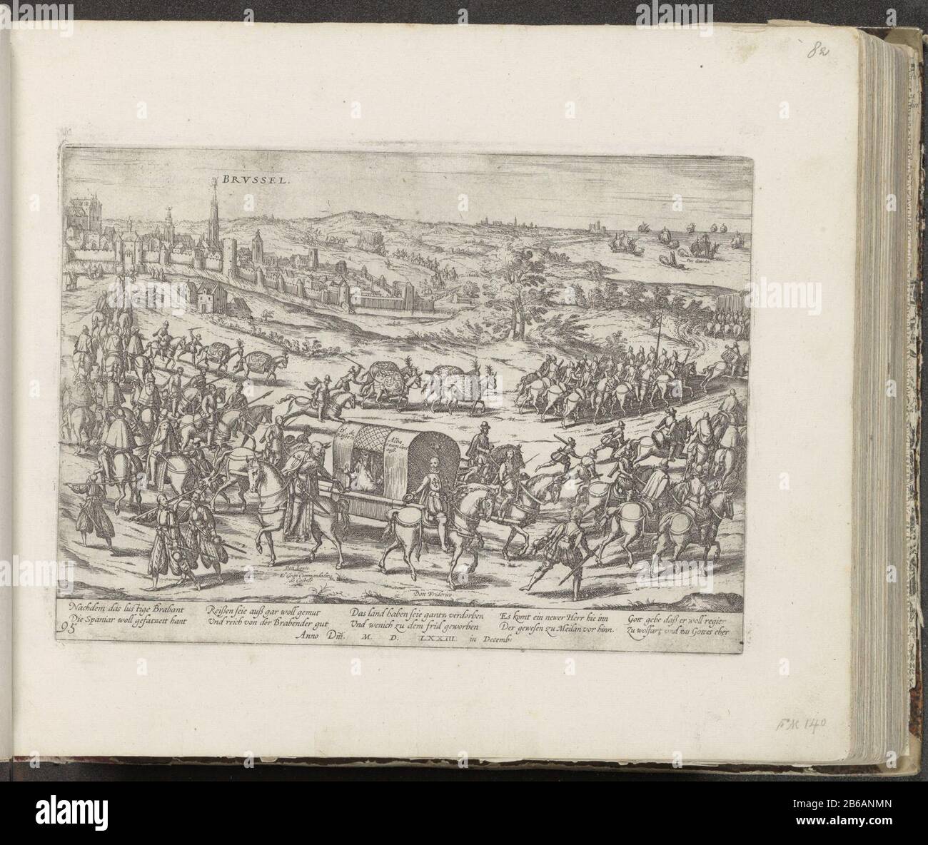 Alva verließ die Niederlande 1573 Serie 6 Veranstaltungen Niederländisch, 1571-1576 (Serientitel) Alva lea die Niederlande Dezember 1573. In einem großen Zug verlässt der Herzog den Herzog in einem Wurf von Brüssel nach Spanien. Er grüßt den neuen Gouverneur Requesens Dri diese Richtung Brüssel. Mit 10 Zeilen Unterschrift auf Deutsch. Unten links nummeriert: 95. Der Druck ist Teil eines Albums. Hersteller : Druckmaschine: Französische Hochlagerung Herstellung: Köln Datum: 1574 - ca. 1578 Physikalische Merkmale: Ätzmaterial: Papiertechnik: Ätzmaße: Plattenkante: H 209 mm × W 289 mm Betreff: (Person in A tragen) Stockfoto