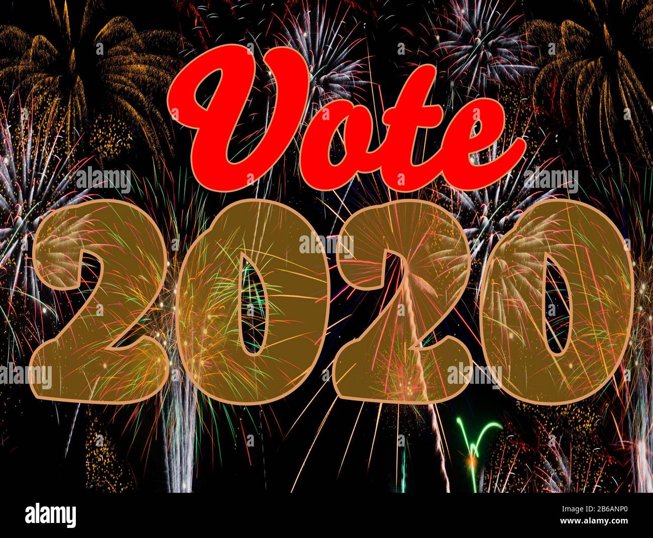 Stimmen Sie 2020 rot-goldenes Feuerwerk alle Rassen wie den USA Democratic Primary and Presidential Election Day, UK und Canadian Leadership Elections Stockfoto