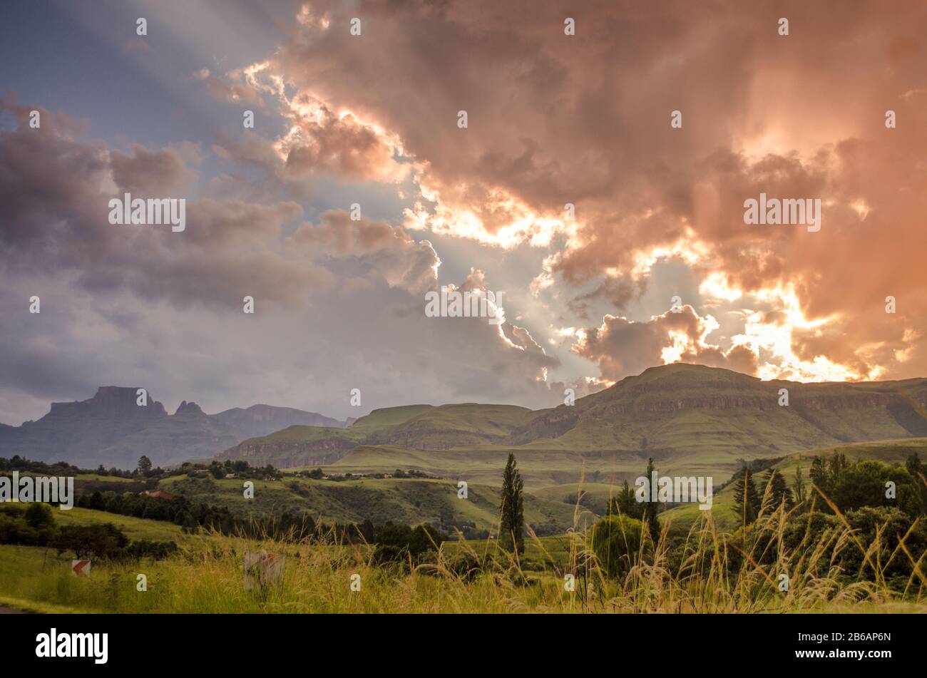 Ein Panoramablick auf die Burg Champagne und die umliegenden Hügel mit einem grasigen Vordergrund und farbenfrohen Sonnenuntergang im Zentrum von Drakensberg, in der Nähe von Winterton, Kw Stockfoto