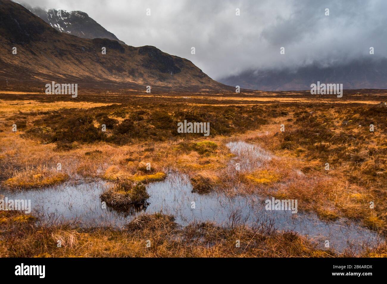 Sümpfe im Tal in der Nähe von Buachaille Etive Mor an einem launigen Tag, Glencoe, Schottland Stockfoto