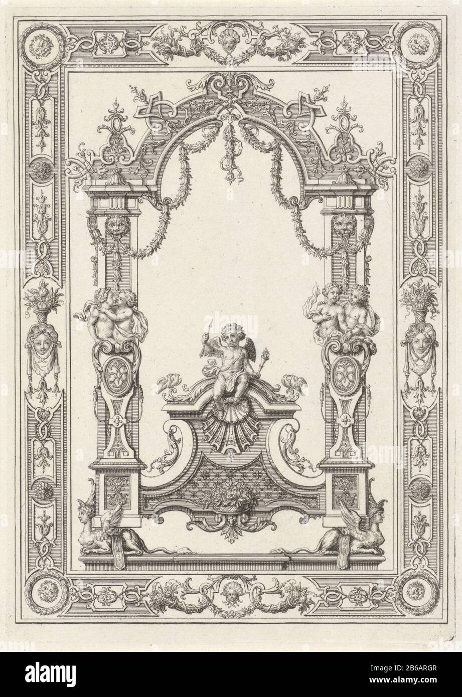 Amor in einem ornamentalen Rahmen Amor mit flammender Fackel und Pfeil in einem ornamentalen Rahmen, wo: In jedem Hinweis auf Liebe. Neben anderen Paaren Tauben, Lo Paare und Hörner von Überwehungen. Hersteller: Druckmaschine: Anonymer Druckhersteller: Bernard Picart (Namensnennung abgelehnt) Ort Herstellung: Niederlande Datum: 1683 - 1783 Physische Merkmale: Ätzungs- und Engra-Material: Papiertechnik: Ätzung/Engra-Abmessungen: Plattenkante: H 225 mm × W 159 mm Betreff: (Geschichte) Kupid, Amor (Eros) Paar Loversorenten  Kunst Stockfoto