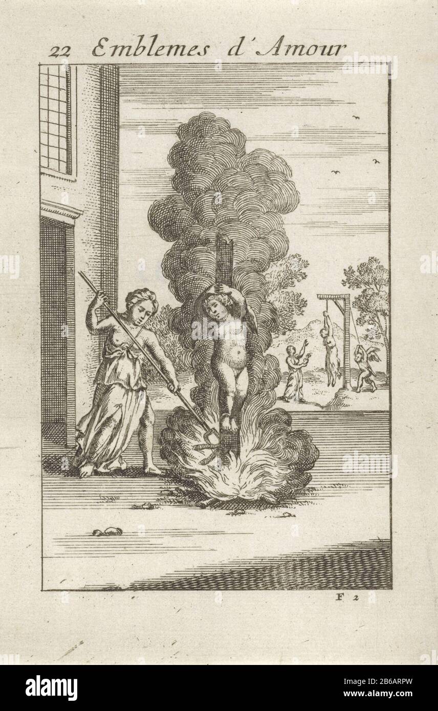 Amor ein Emblemes d'Amour Pfahl (Titelobjekt) Amor auf einem Pfahl, der von einer Frau mit einem Poker aangwakkerd wird. Im Hintergrund eine Frau, die ein Herz in der Hand hält, mit einem Angehörigen, der suspendiert ist. Es ist gut, für einen geliebten Menschen zu sterben. Zwanzig Emblemata Amatoria. Hersteller : Druckerhersteller Jan van Vianen Herstellung: Nordniederland Datum: 1686 Physikalische Merkmale: Ätzmaterial: Papiertechnik: Ätzmaße: Blatt: H 145 mm × W 95 mmToelichtPrent als Buchillustration verwendet in: Emblemata Amatoria: Emblemes d'Amour quatre Langue, 1686. Betreff: (Geschichte von) Cupid, Amor (Ero Stockfoto
