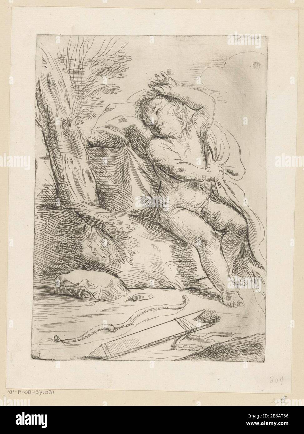 Amor Cupid sitzt auf einem Stein. Er streckt sich nach dem Schlafen. Auf dem Boden sind Pfeil-und-boog. Hersteller : Druckhersteller: Girolamo Rossi (I) nach einem Entwurf von: Guercinoplats Herstellung: Druckmaschine: Vatikan Nach Entwurf: Italien Datum: 1632 - 1664 Physikalische Merkmale: Ätzmaterial: Papiertechnik: Ätzmaße: Plattenkante: H 239 mm × W 171 mm Betreff: (Geschichte von) Cupid, Amor (Eros) Stockfoto