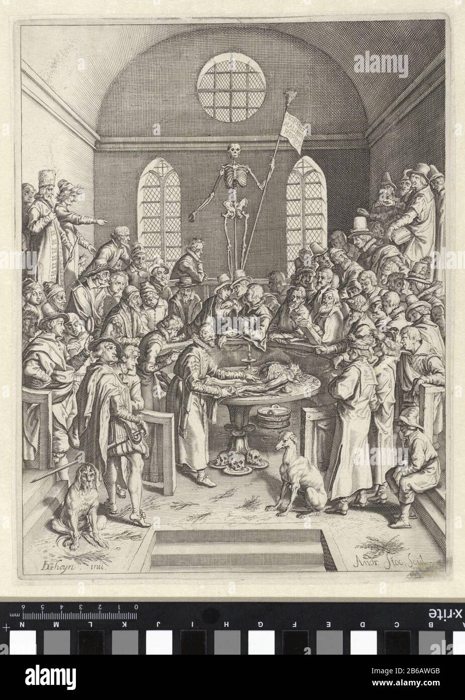 Anatomieunterricht von Professor ESPP Anatomical les door Pieter Paaw in het Anatomic Theatre te Leiden. Paaw wijst op een ontleed lichaam. RONDOM hat en staan studenten en toeschouwers. Hersteller: Hersteller: Andries Jacobsz. Stock (vermeld op object)naar ontwerp van: Jacob de Gheyn (II) (vermeld op object)Plaats Herstellen: Den Haag Dating: 1615 Physical kenmerken: Tiefdruckmaterial: Papier Techniek: Graveren (Drukproceé) Abmessungen: Plaatrand: H 292 mm × b 228 mmToeltingPrut in Paaw. Primitiae anatomicae. De humani corporis ossibvs. Leiden: Joost van Colster, 1615. Stockfoto