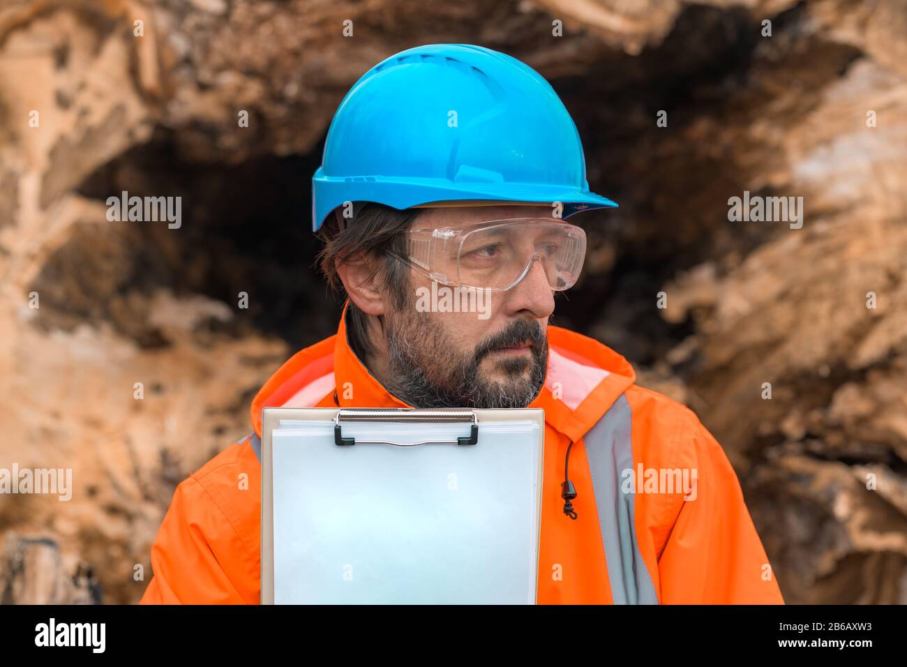 Forsttechniker, der mit einem Notizblock in der Zwischenablage neben einem Baumlogan in der Walde posiert, ist zuversichtlich, dass männliche Fachmann Daten auf dem Feld sammelt Stockfoto