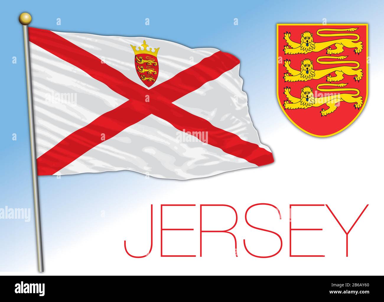 Bailiwick of Jersey, offizielle Nationalflaggen und Wappen, Großbritannien, Vektorillustration Stock Vektor