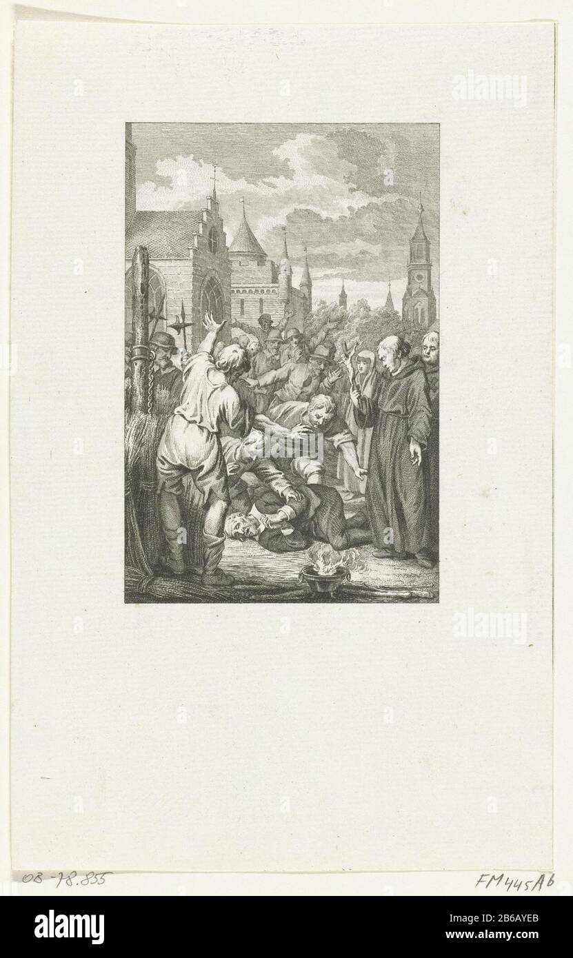 Angelus Merula starb 1557 Für den Anteil An Dem Kirchen-Reformator Angelus Merula (Engel Willemsz de Merle Or. Merlen). Aktiv auf der Insel Voorne, Brielle und Hoogvliet. Nach dem Gefängnis in Bergen, das in Hainault zum Tode verurteilt wurde, starb er kurz bevor er auf dem Spiel stehen muss, 1557. Hersteller: Druckmaschine: Reinier Vinkeles (I) zum Zeichnen: Jacobus Kauft Postproduktion: Niederlande Datum: 1783 Physikalische Merkmale: Ätzmaterial: Papiertechnik: Ätzmaße: Blatt: H 229 mm × W 147 mmToelichtingIllustratie ein unbekanntes Werk, Vol. IV, pl. III Nicht Frederik Muller; hinzugefügt von RPK-Nummer. Betrifft: Viole Stockfoto