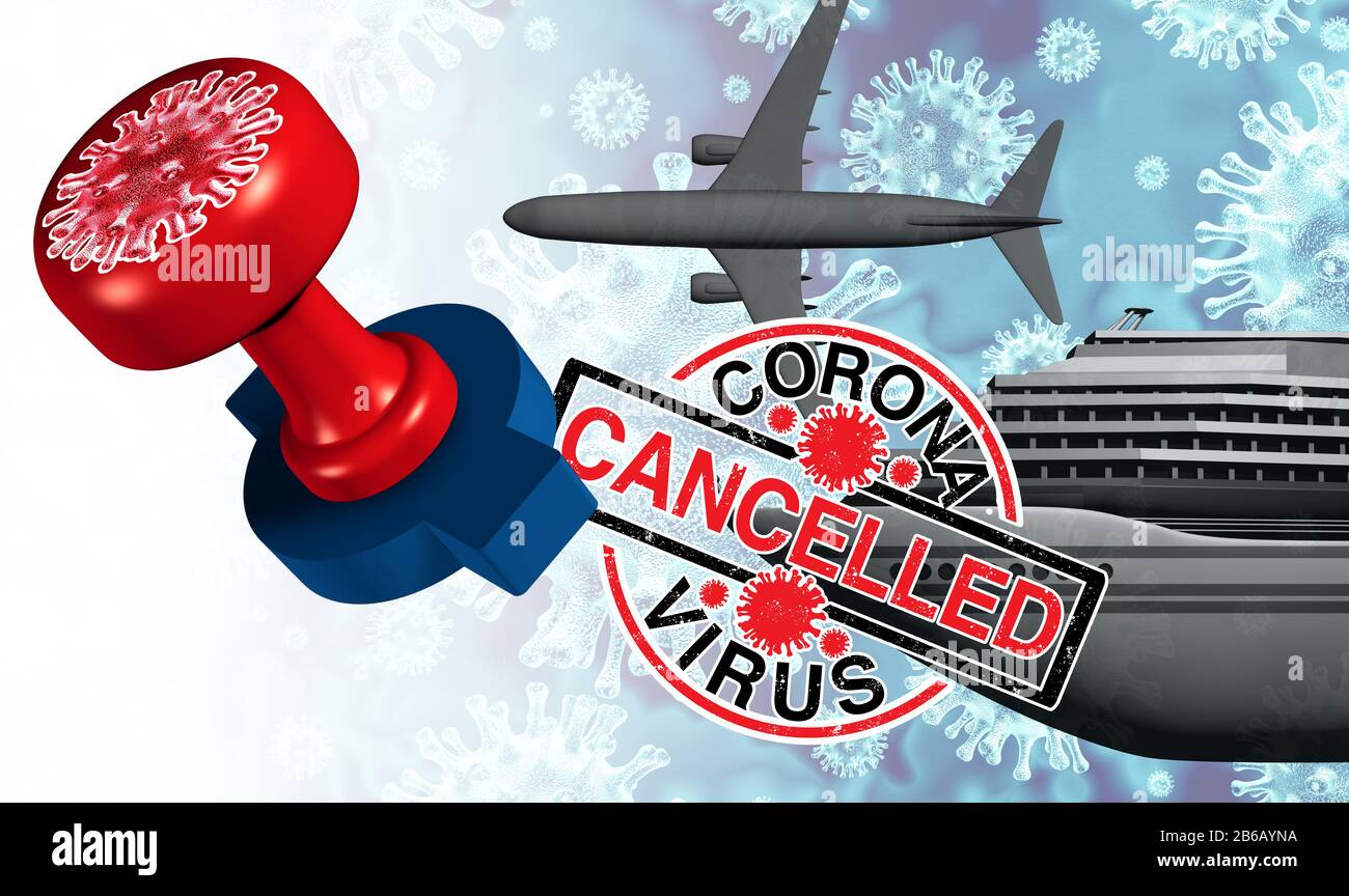 Coronavirus Travel Industry stornierte das Konzept und die kovidte 9-Stornierung, da Veranstaltungen aufgrund des Virus verschoben oder unterbrochen werden. Stockfoto