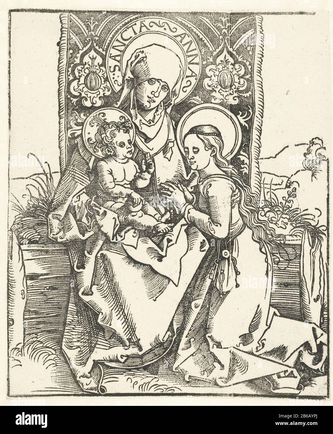 Maria kniet vor dem Christuskind, das in Annas Schoß Zit. Hersteller : Druckerhersteller Albrecht Dürer (Schule) Ort Herstellung: Nürnberg Datum: 1520 - 1530 Physikalische Merkmale: Holzschnittmaterial: Papiertechnik: Holzschnittmaße: Bild: H 308 mm × W 255 mm Thema "Anna selbdritt", also Anna, Maria und Christkind dicht beieinander und Stockfoto