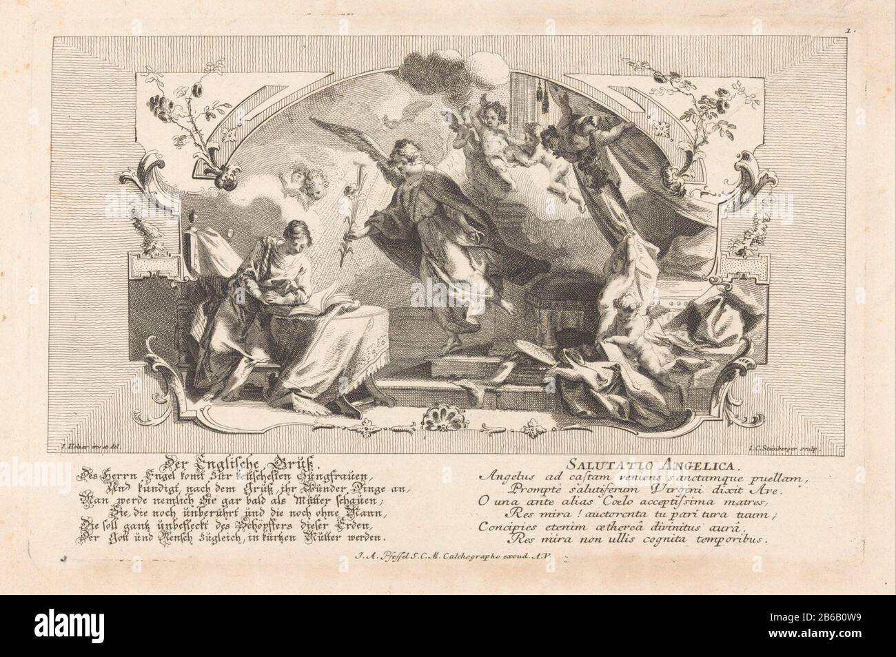 Ankündigung der Geburt Christi an Maria. Maria sitzt an einem Tisch mit einem geöffneten Buch geschlagen. Der Engel hat einen Zweig mit Lilien in der Hand. Über ihnen eine Taube, die den Heiligen Geist und den rechten geflügelten Putten symbolisiert. Um die Show ein Rocaillerahmen. Am unteren Rand zweimal eine Zevenregulige deutsche und lateinische Tekst. Hersteller : Druckmaschine: Johann Christoph Steinberger (denkmalgeschütztes Gebäude), entworfen von Johann Evangelist Holzer (denkmalgeschütztes Gebäude) Herausgeber: Johann Andreas Pfeffel (der Ältere) (denkmalgeschütztes Gebäude) Ort Herstellung: Augsburg Datum: 1719 - 1727 Physische Merkmale: Ätzmaterial: Stockfoto