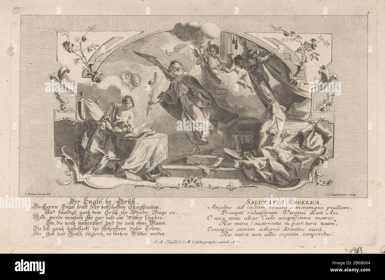 Ankündigung der Geburt Christi an Maria. Maria sitzt an einem Tisch mit einem geöffneten Buch geschlagen. Der Engel hat einen Zweig mit Lilien in der Hand. Über ihnen eine Taube, die den Heiligen Geist und den rechten geflügelten Putten symbolisiert. Um die Show ein Rocaillerahmen. Am unteren Rand zweimal eine Zevenregulige deutsche und lateinische Tekst. Hersteller : Druckmaschine: Johann Christoph Steinberger (denkmalgeschütztes Gebäude), entworfen von Johann Evangelist Holzer (denkmalgeschütztes Gebäude) Herausgeber: Johann Andreas Pfeffel (der Ältere) (denkmalgeschütztes Gebäude) Ort Herstellung: Augsburg Datum: 1719 - 1727 Physische Merkmale: Ätzmaterial: Stockfoto