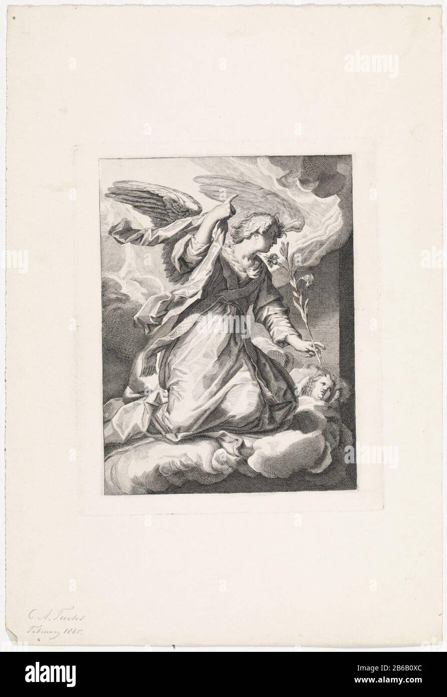 Der Erzengel Gabriel kniet auf einer Wolke und hielt eine Lilie in der Hand. Mit der anderen Hand zeigt er nach oben. Er verkündete die Geburt Christi an Maria aan. Hersteller: Druckmaschine: C.A. Tuchs (persönlich unterzeichnet) zum Druck: Anonymer Ort Herstellung: Niederlande Datum: Feb 1865 Physische Merkmale: Fahrzeugmaterial: Papiertechnik: Engraa (Druckverfahren) Abmessungen: Plattenkante: H 265 mm × W 215 mm Betreff: Der Erzengel GabrielThe Annacation: Maria Benthische, normalerweise lesend, wird vom Engel besucht (manchmal hört eine Frau das Gespräch) (+ Variante) Stockfoto