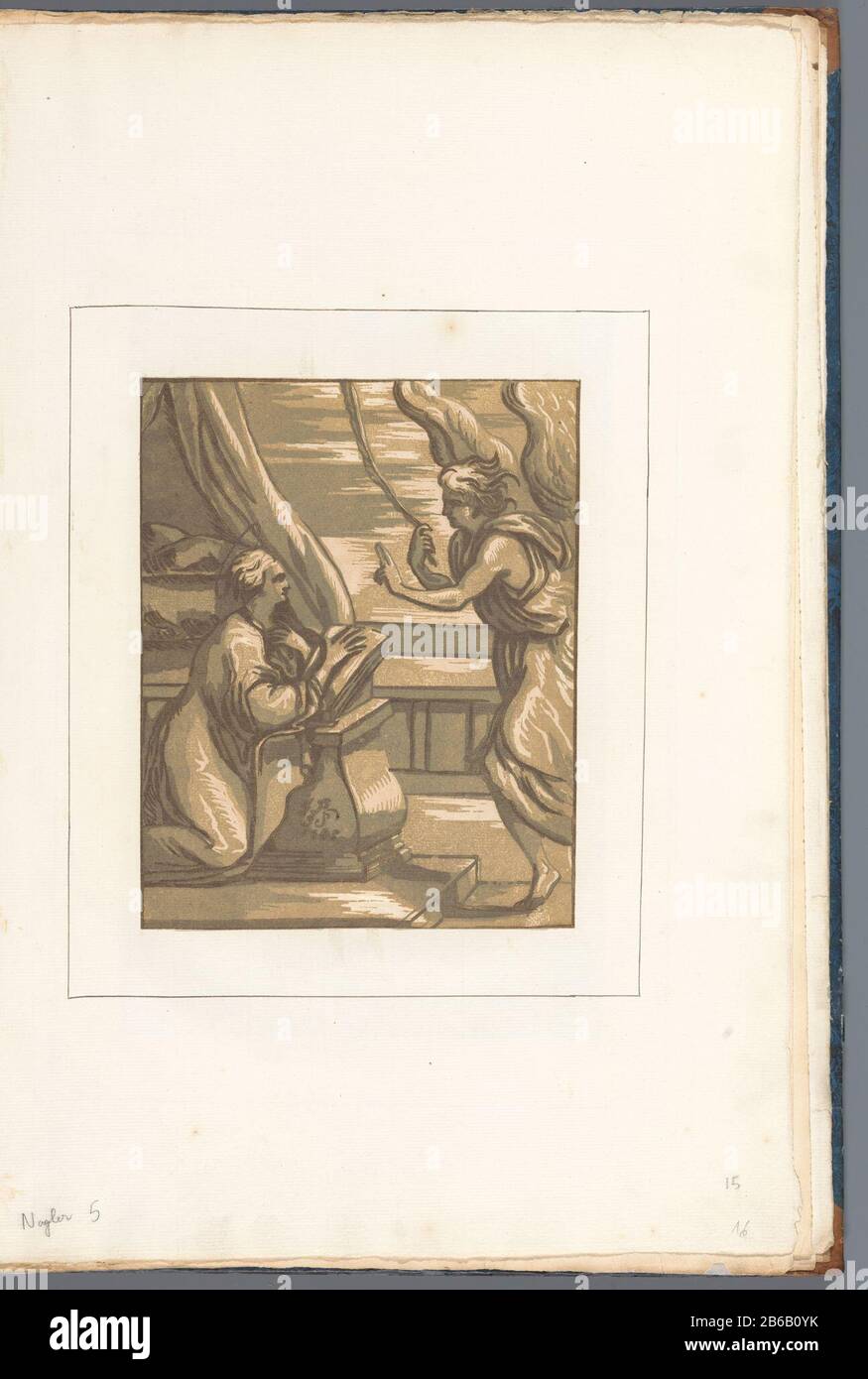 Freunde sowie jede Deklaration (serietitel op object) Verkündung. Teil eines Albums mit 26 eingefügten Chiaroscuro-Holzschnitten italienischer Künstler der sechzehnten EEUW. Hersteller : Druckerhersteller John B. Skippe (börsennotierte Eigenschaft) zur Zeichnung: James Collins (aufgeführte Eigenschaft) Ort Herstellung: England Datum: 1782Physische Merkmale: Chiaroscuro Holzschnitt mit Tonblöcken in drei Brauntönen: Papiertinte Technik: Chiaroscuro-Holzschnitt Abmessungen: H 216 mm × W 171 mm Betreff: Die Ankündigung: Maria kniend - AA - Maria links, der Engel rechts Stockfoto