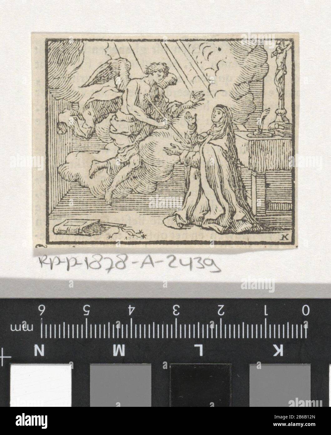 Annunciatie De engel Gabriël kondigt aan Maria aan dat ze zwanger zal worden. Hersteller: Prentmaker: Jan Lauwryn Krafft (I) (vermeld op object)Plaats Herstellung: Zuidelijke Nederlanden dating: 1704 - 1700 Physische Kenmerken: Houtsnede en tekst in boekdrauk op het verso Material: Papier Techniek: Houtsnede / boekdrauk Abmessungen: Blad: 47 mm H ×: Annicka: 59 mm. Maria, die normalerweise liest, wird vom Engel besucht (manchmal hört eine Frau das Gespräch) Stockfoto