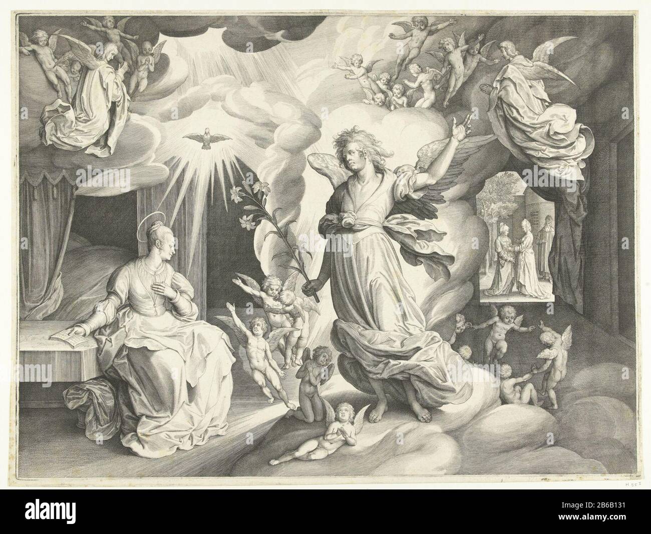 Annunciatie Annunciatie Objekttyp: Abbildung Artikelnummer: RP-P-1890-A-15486Catalogusreferentie: Hollstein Dutch 55-1 (2) Markierungen / Marken: Sammlermarke, verso unten links, gestempelt: Lugt 2228 Hersteller: Druckmaschine: Nicolaes de Bruyn ( auf dem Objekt aufgeführt) in seinem Entwurf: Nicolaes de Bruyn (Physische Merkmale: 1622: Herstellungsdatum: Aufgeführte Objekte: Herstellungsdatum: Niederlande: Herstellungsdatum: Automaterial: Papiertechnik: ENGRAA (Druckverfahren) Abmessungen: Plattenkante: H 400 mm × W 534 mm Betreff: Die Verkündigung: Maria Benthisch, normalerweise lesend, wird vom Engel besucht (manchmal hört eine Frau das Gespräch Stockfoto