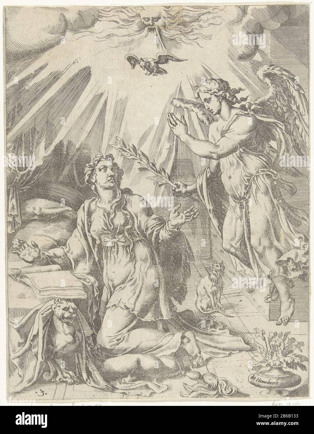 Mariä Verkündigung Fällt und die Erlösung der Menschheit durch das Leben und die Leidenschaft Christi (Serientitel) Maria sitzt auf den Knien ihres Bettes und liest ein Buch. Sie wird von dem Engel Gabriel besucht. Er sagt ihr, dass sie einen Sohn tragen würde, der Christus genannt wird. Über dem Gesicht Gottes in den Wolken, die den Heiligen Geist (eine Taube) an Maria senden. Der Druck ist Teil einer dreißigteiligen Bilderserie über den Sturz und das Leben und die Passie Christi. Hersteller: Druckmaschine: Dirck Volckertsz. Coornhert (zugeschrieben) zur Zeichnung: Maarten van Heemskerck (Listed Property) Ort Herstellung: Haarlem dating: 154 Stockfoto