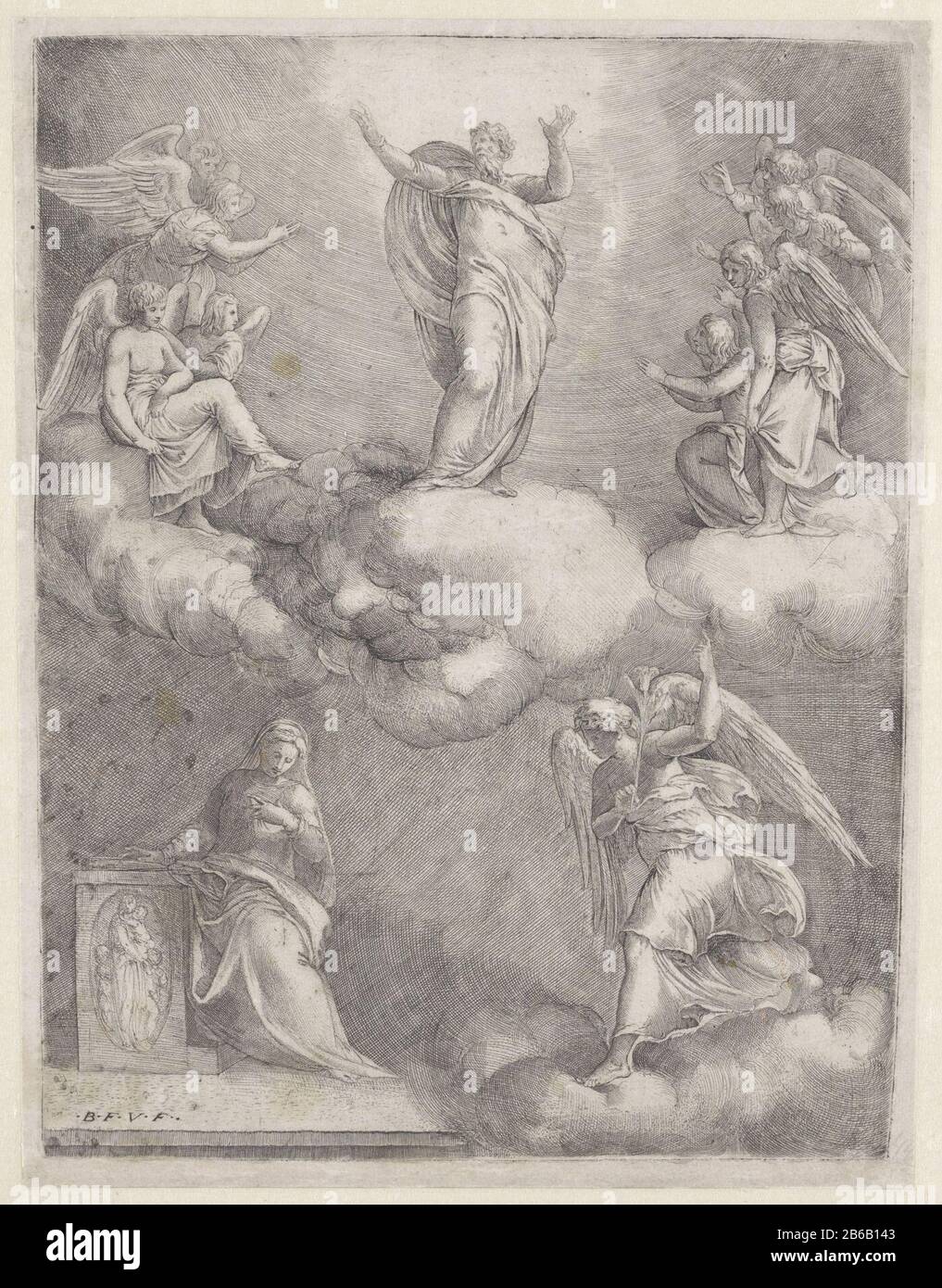 Annunciatie Der Engel Gabriel kündigte Maria an, schwanger zu werden. Maria sitzt an einem Schreibtisch, Wo: In einem Buch. Über Gott der Vater in Wolken, auf beiden Seiten von engelen flankiert. Hersteller : Druckmaschine Battista Franco (Listed Property) Ort Herstellung: Italien Datum: 1520 - 1561 Physikalische Merkmale: Ätzmaterial: Papiertechnik: Ätzmaße: Plattenkante: H 345 mm × W 260 mm Betreff: Die Verkündung: Maria Benthisch, normalerweise lesend, wird vom Engel (manchmal hört eine Frau das Gespräch) Gott der Vater Gelb besucht Stockfoto