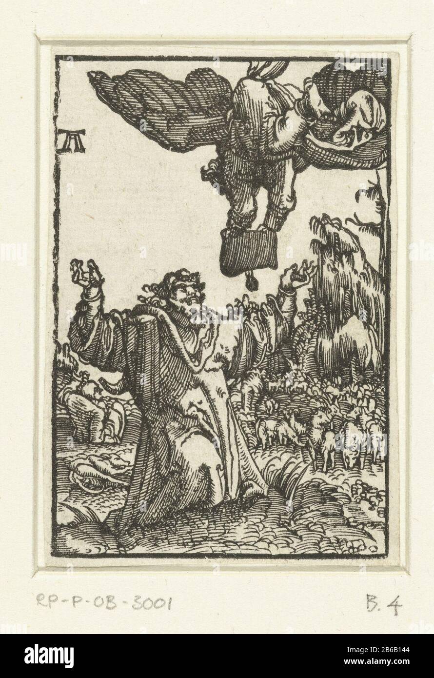 Verkündigung an Joachim Der Fall und die Erlösung der Menschheit (Serientitel) Joachim, kniete und hob beide Arme. Über ihm schwebt ein Engel, von hinten gesehen, mit einem Gegenstand in den Händen. Viertes Bild einer Serie von Veertig. Hersteller : Druckhersteller: Albrecht Altdorfer (auf dem Objekt angegeben) Herstellung: Deutschland Datum: CA. 1506 - 1538 Physikalische Merkmale: Holzblockmaterial: Papiertechnik: Holzblockmaße: Bild: H 72 mm × b 48 mm Betreff: Verkündigung oder Mariä Geburt durch einen Engel an Joachim Stockfoto