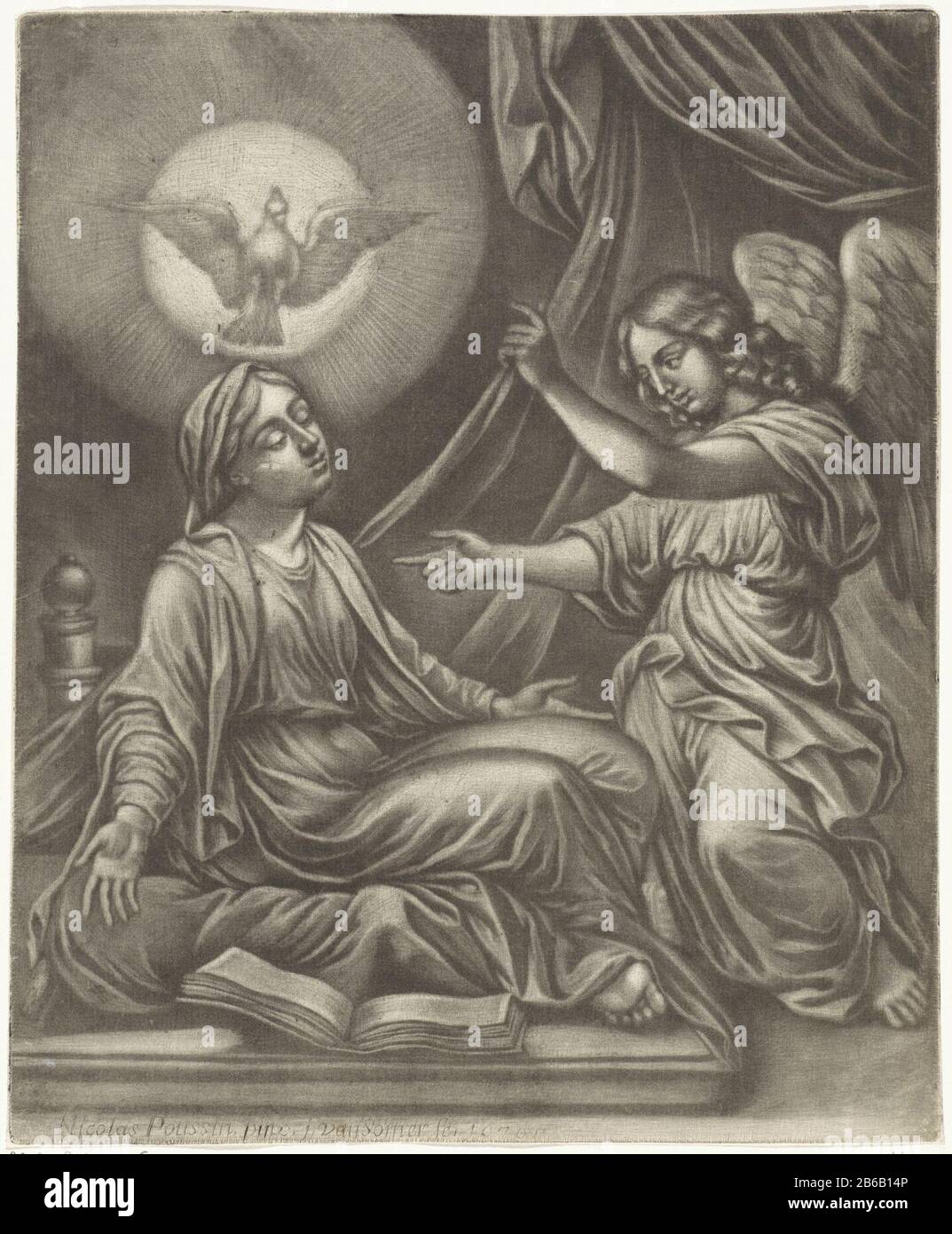 Annunciatie Die Ankündigung der Geburt Christi an Maria. Maria kniet vor dem nach oben zeigenden Engel Gabriel, Auf den ihr der heilige Geist in Form einer Taube Gottes herabsteigt. (Lukas 1:26-38) . Hersteller : Druckerhersteller Jan van Somer (denkmalgeschütztes Eigentum) zum Gemälde von Nicolas Poussin (Listed Property) Ort Herstellung: Amsterdam Datum: 1676 Physische Merkmale: Mezzotintmaterial: Papiertechnik: Mezzotintmaße: Plattenkante: H 266 mm × W 217 mm Betreff: Die Ankündigung: Maria Benthische, normalerweise lesend, wird vom Engel besucht (manchmal hört eine Frau das Gespräch) Stockfoto