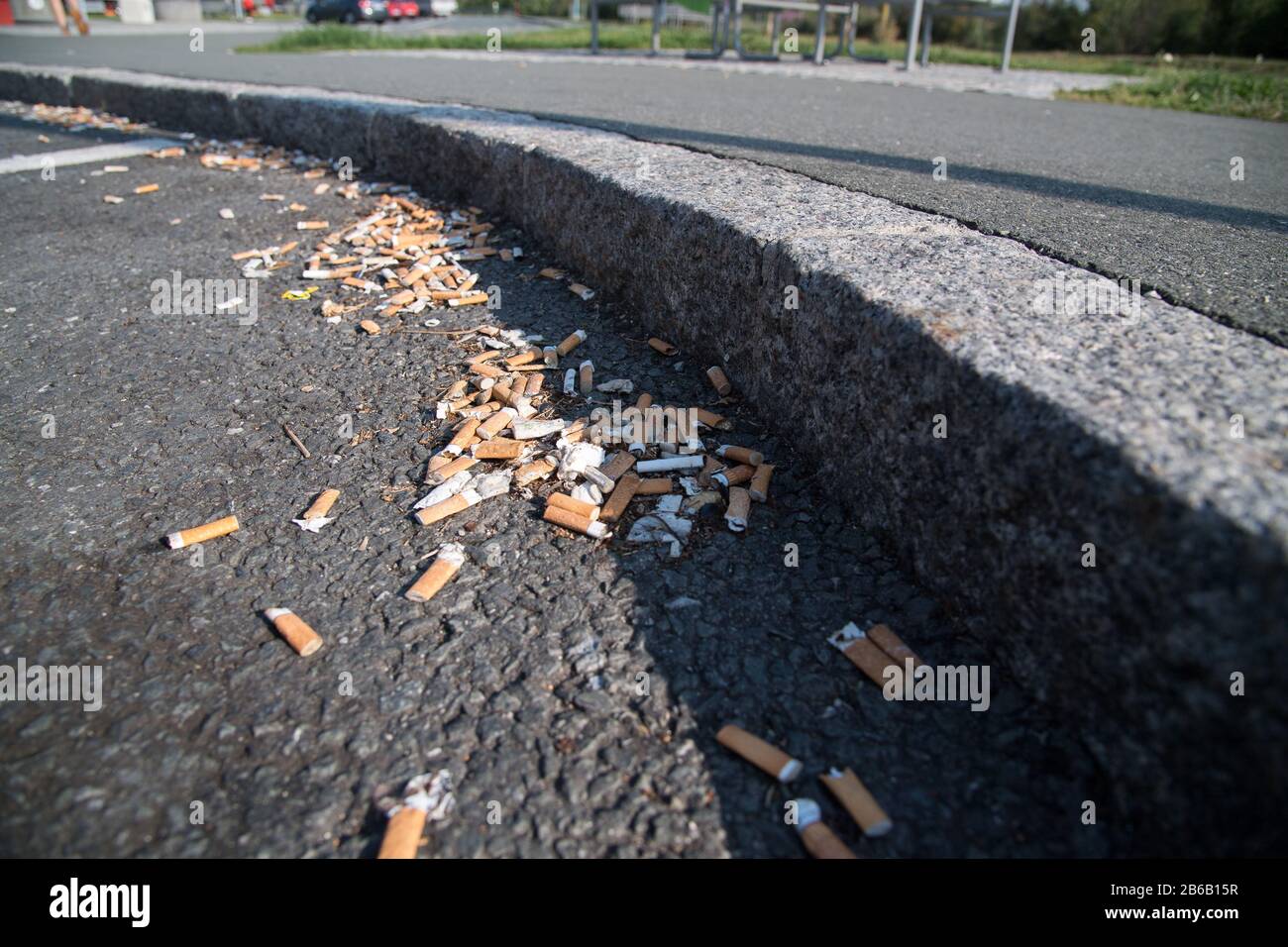 Gebrauchte Rauchzigaretten-Stiche auf Rastplatz an der Autobahn 9, Deutschland. August 2019 © Wojciech Strozyk / Alamy Stock Photo Stockfoto