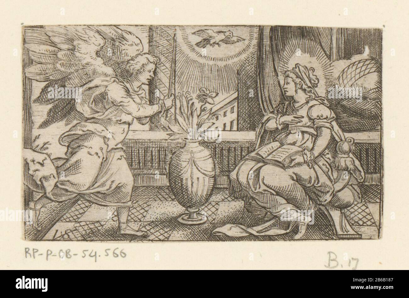 Annunciatie Annunciatie Objekttyp: Prent Objektnummer: RP-P-ob-54.566Katalogusreferentie: Hollstein Deutsch 55 Aufschriften / Marken: Sammlermarke, Verso, gestempelt: Lugt 2228Zahl, Verso, handgeschreven in Prusinke: '77' Hersteller: Pfentsen: Virgverilius Material: 1562 Zöpfe: Verfasse: Verfasser Material: Verfasse: 1562 Stück: Verfasse: Vertilgt: Vertilgt: Vertilgt: Vertilgt: Vertilgt: Vertilgt: Vertilgt: Vertilgt: Vertilgt: Vertilgt: Vertilgt: 1562 Stück H 53 mm (binnen plaatrand afgesneden) × b 88 mm (binnen plaatrand afgesneden) Betreff: Die Verkündigung: Maria, normalerweise lesend, wird vom Engel besucht (manchmal eine Frau überh Stockfoto