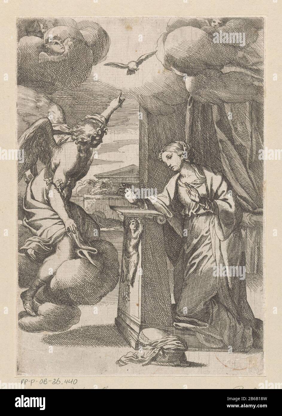 Annunciatie De engel Gabriël kondigt aan Maria aan dat ze zwanger zal worden. Maria Zit gekniet bij een lezenaar. De Heilige Geest daalt als een duif neer. Boven zwen cherubijnen tussen wolken. Hersteller : Hersteller: Carlo Marattinaar igen ontwerp van: Carlo MarattiPlaats Herstellung: Rome dating: 1635 - 1713 Physical kenmerken: ETS; proefduk Material: Papier Techniek: Etsen Abmessungen: Plaatrand: H 213 mm × b 148 mmToelichtingen getekende voorstudie wordt sein Stockfoto