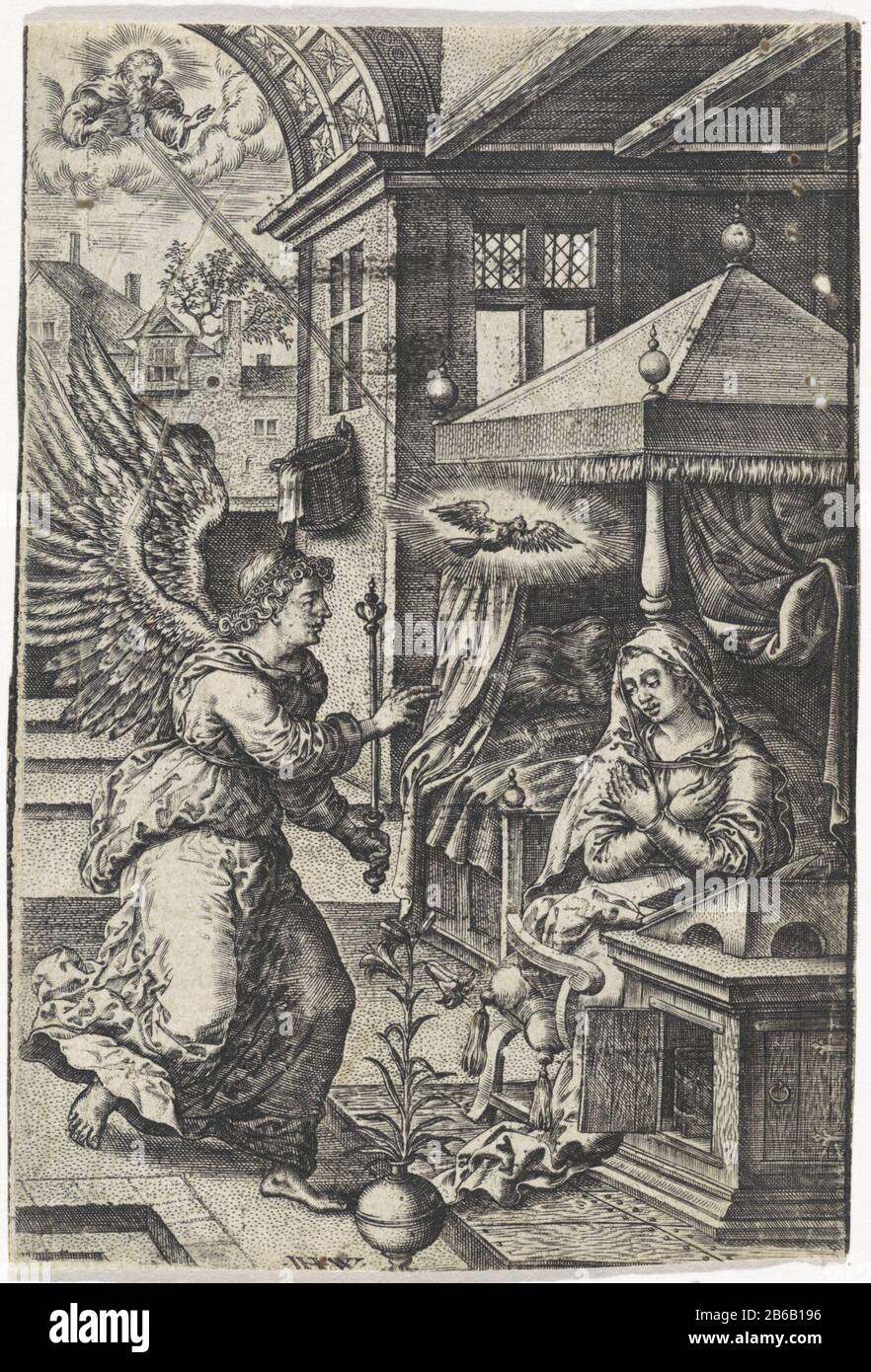 Annunciatie Mary sitzt mit an ihrem Schreibtisch gekreuzten Armen. Sie wird von dem Engel Gabriel besucht. Er sagt ihr, dass sie einen Sohn tragen würde, der Christus genannt wird. Die Taube des Heiligen Geistes steigt von ihrem Himmel herab. Gott, der Vater, beobachtet von einer Wolke aus. Im Vordergrund Lily in einem vaas. Hersteller : Druckerhersteller John Who: Rix (denkmalgeschütztes Gebäude), entworfen von Pieter van der Borcht (I) Ort Herstellung: Antwerpen Datum: 1573 Abmessungen: Fahrzeugmaterial: Papiertechnik: Engra (Druckverfahren) Abmessungen: Blatt: 112 mm × h b 76 mmToelichtingPrent verwendet in: Officium B. Mariae Virginis. Antwerpen: Ch Stockfoto