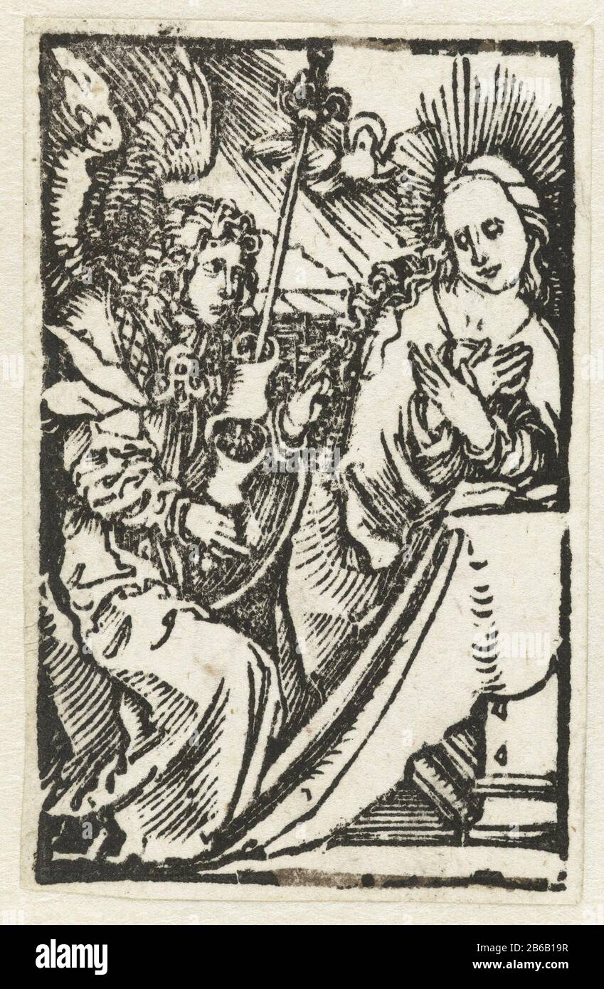 Annunciatie An Angel verkündet Maria, während sie liest, die Geburt ihres Zoons. Hersteller : Druckerhersteller Albrecht Dürer (Bereich) Ort Herstellung: Nürnberg Datum: 1503 Physikalische Merkmale: Holzschnittmaterial: Papiertechnik: Holzschnittmaße: Bild: H 61 mm × W 39 mmToelichtingIllustratie für: Salus anim [A] e, Nürnberg: Hieronymus Höltzel, 1503. Klinkert, C. Betreff: Die Verkündigung: Maria kniend Stockfoto