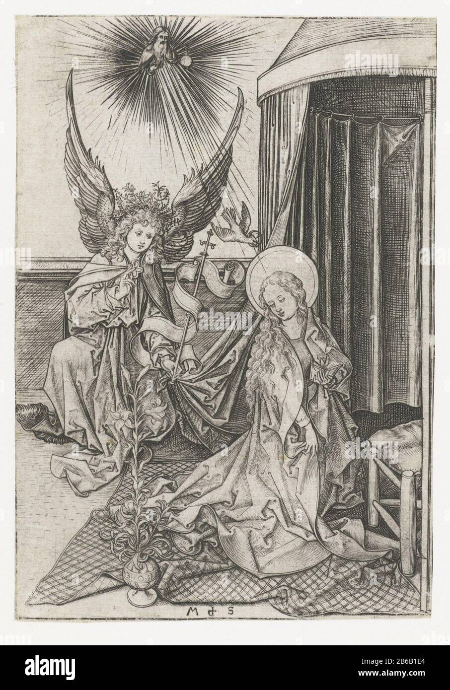 Annunciatie Die Ankündigung der Geburt Christi an Maria, der Engel Gabriel erscheint Maria, die in einem Zelt neben einer Vase mit einer Lilie liest. Blickt vom Himmel auf Gott; der Heilige Geist in Form einer Taube, die auf Maria af fliegt. Hersteller : Druckerhersteller Martin Schongauer (Listed Property) Ort Herstellung: Deutschland Datum: 1470 - 1490 Physikalische Merkmale: Fahrzeugmaterial: Papiertechnik: Enga (Druckverfahren) Abmessungen: Blatt: H 162 mm × W 111 mm Betreff: Die Verkündigung: Maria Benthic, normalerweise lesend, wird vom Engel besucht (manchmal hört eine Frau das Gespräch) Stockfoto
