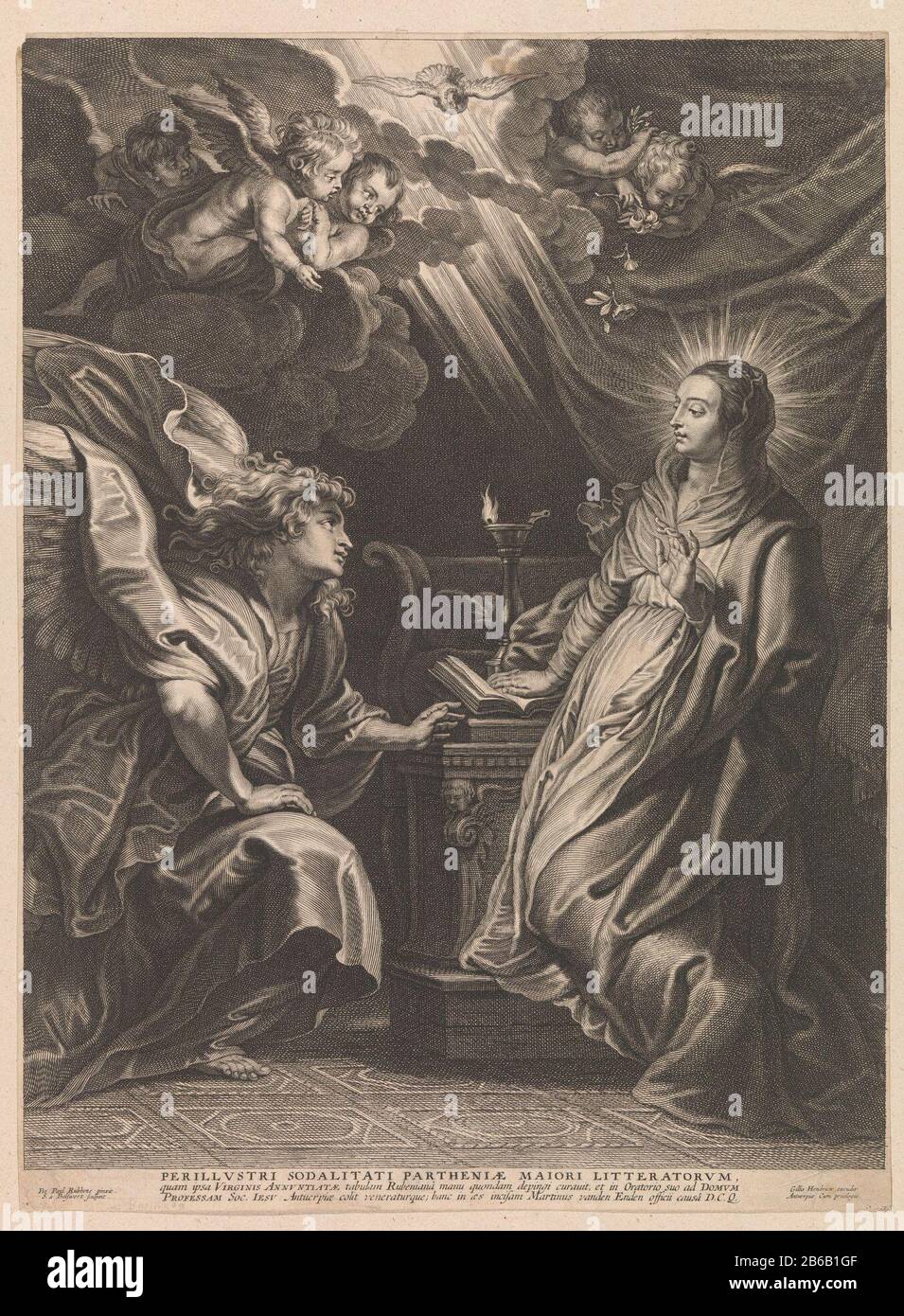 Annunciatie Annunciatie Objekttyp: Abbildung Artikelnummer: RP-P-ob-75.863Katalogisreferentie: Hollstein Dutch 4-1 (2) Herstellerschaffer: Druckmaschine: Schelte Adamsz. Bolswertnaar Gemälde von Peter Paul Rubens Verlag: Martinus van den Ende Ort Herstellung: Druckmaschine: Südholländer Herausgeber: Antwerpen Datum: 1596 - 1659 Physikalische Merkmale: Fahrzeugmaterial: Papiertechnik: Engra (Druckverfahren) Abmessungen: Blatt: H 456 mm × W 335 mm Betreff: Die Ankündigung: Maria Benthische, normalerweise lesend, wird vom Engel besucht (manchmal hört eine Frau das Gespräch) Stockfoto