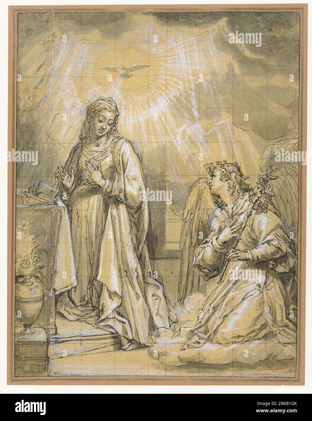 Annunciatie links kniet die Jungfrau um einen Altar, ihr Gesicht drehte sich nach rechts, Wo: Ein Engel, genielt auf einer Wolke und Lilien, verrechnete ihren Gruß. Über der Jungfrau, Taube, ganz links, eine Vase mit Blähungen. Hersteller: Künstler: Peter White Datum: 1586 - 1628 Physikalische Merkmale: Stift in Schwarz, Pinsel in Grau, weiße Farbe auf gelb zubereitetem Papiermaterial: Zubereitete Papierbeschichtungstechnologie: Stift-/Bürstenabmessungen: H 339 mm b × 263 mmToelichtingDit Blatt zu den markantesten Zeichnungen Candido. Betrifft: Die Verkündigung: Maria Benthische, normalerweise lesend, wird vom Engel besucht (manchmal eine Frau o Stockfoto