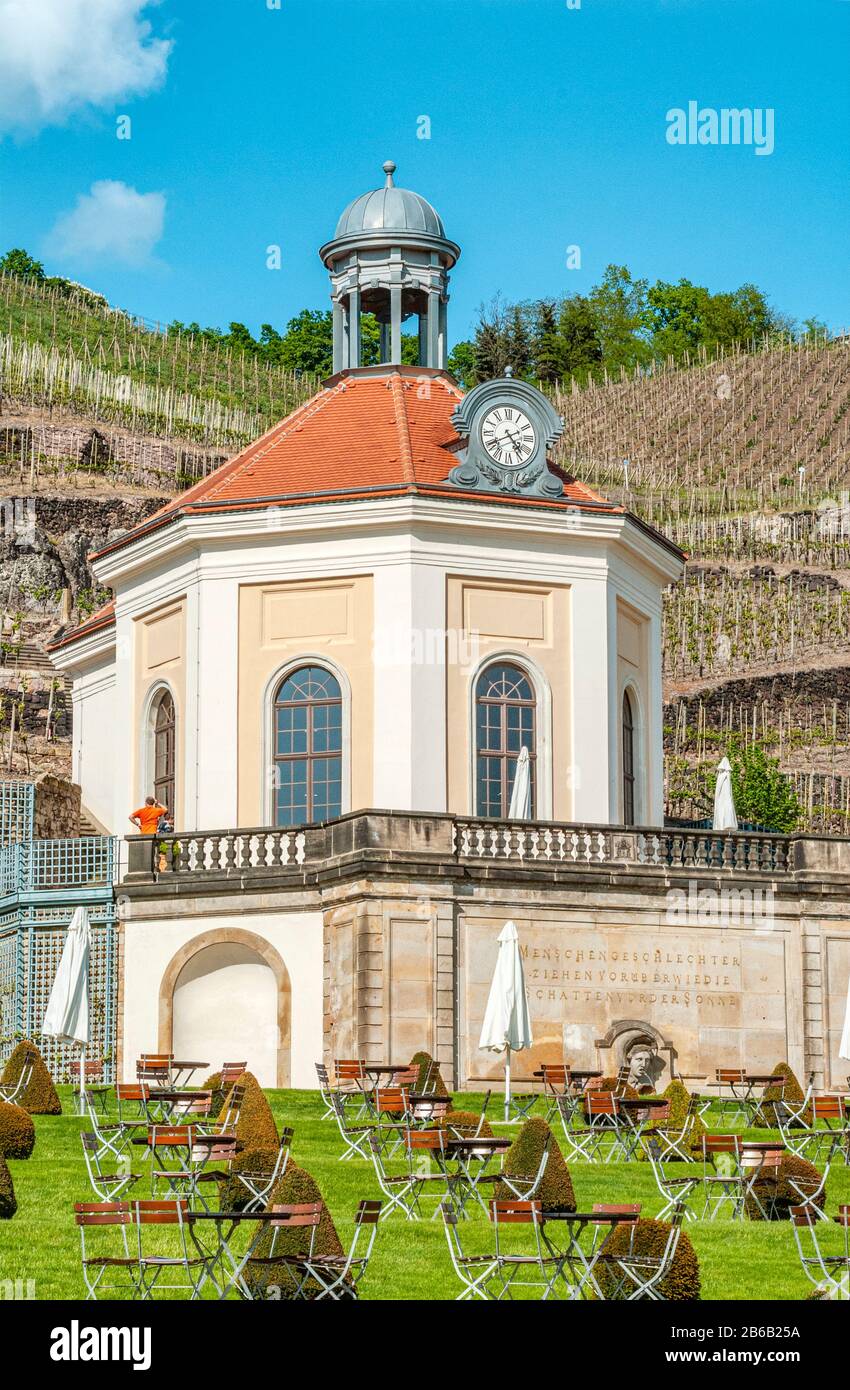 Belvedere-Gebäude auf dem sächsischen Staatsweinberg Schloss Wackerbarth in Radebeul bei Dresden, Deutschland Stockfoto