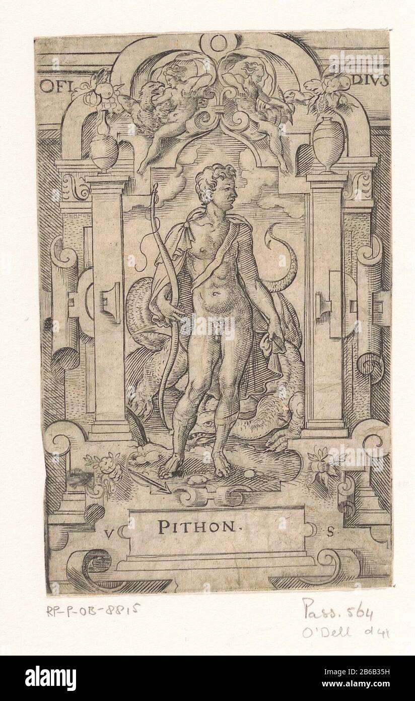 Apollo tötete den Drachen Python Apollo tötet den Drachen Python Objekttyp: Bild Artikelnummer: RP-P-ob-8815Katalogogusreferentie: Hollstein Deutsch 279-2 (2) Markierungen / Marken: Sammlermarke, Verso, gestempelt: Lugt 2228numer, Verso, handschriftlich in brauner Tinte '52' Hersteller: Druckerhersteller: Virgil Solis (Eigentum) Herstellungsdatum: 1562 Ort: 1524 Ort: 1562 Ort: 1524 Papiertechnik: ENGRAA (Druckverfahren) / Ech- / Plattentonabmessungen: Blatt: H 137 mm (geschnittene Innenkante) × W 87 mm (Innenkante) Motiv Apollo schießt auf Python, den Drachenscrollwerk, Bandwerk  Zierde Stockfoto