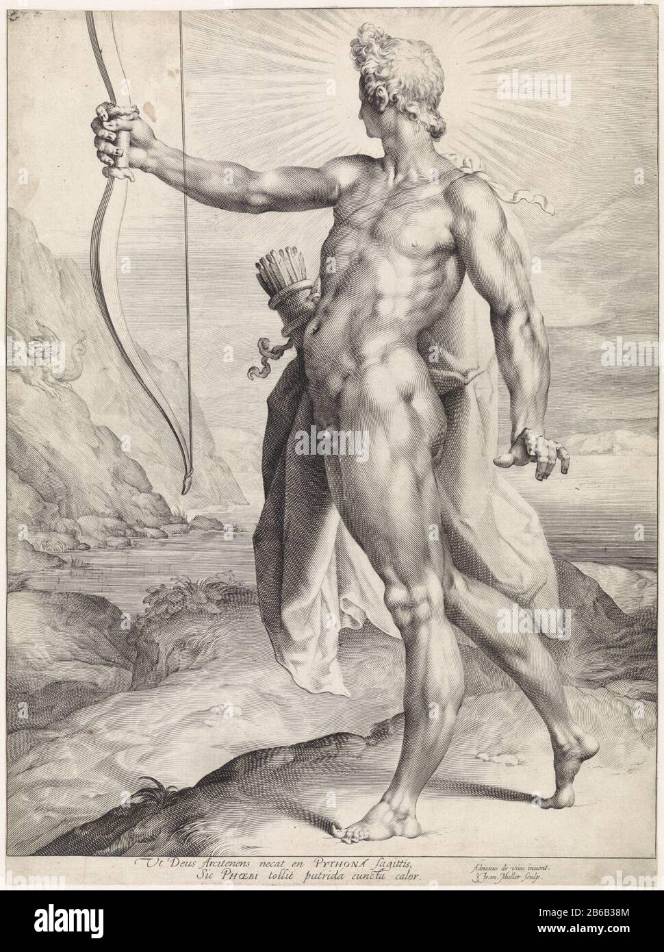 Apollo tötete den Drachen Python Apollo mit seinem Bogen und dem Drachen Python. Unter einem Tweereglioge Latijn. Hersteller-Text im Randbereich: Druckerhersteller Jan Harmensz. Muller (denkmalgeschütztes Gebäude) zur Ansicht: Adriaen de Vries (denkmalgeschütztes Eigentum) Ort Herstellung: Amsterdam Datum: 1596 - 1600 Physische Merkmale: Fahrzeugmaterial: Papiertechnik: Engra (Druckverfahren) Abmessungen: Blatt: H 409 mm × W 305 mm Betreff: Apollo schießt auf Python, das Drachenstück der Skulptur, die Reproduktion eines Bildstücks der Skulptur und Stockfoto