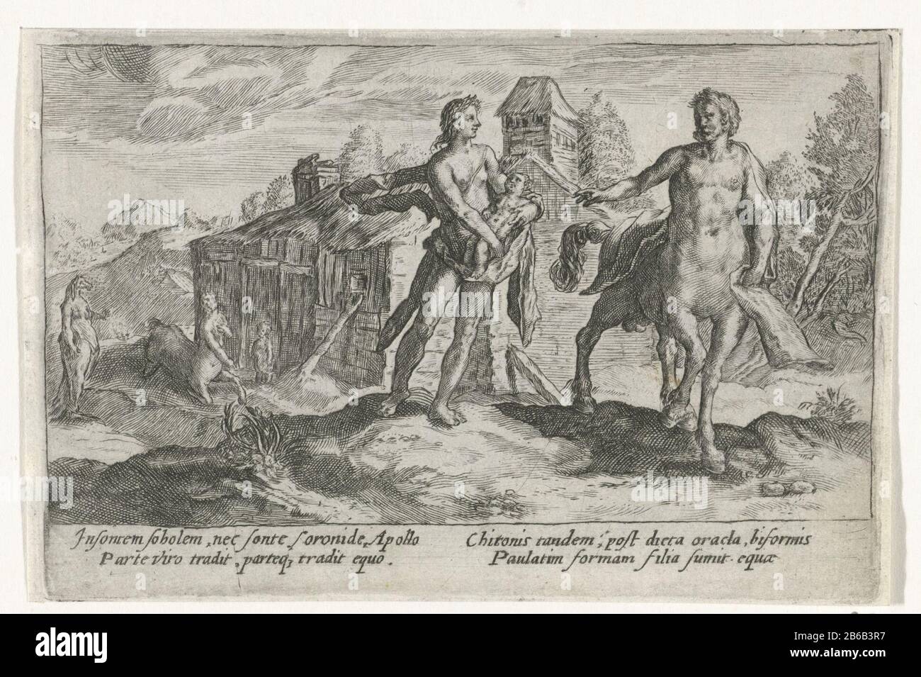 Apollo vertraut Aesulapius auf Chiron Metamorphosen von Ovid (Serientitel) Apollo, der seinen Sohn Aesulapius, das Kind von Apollo und Koronis, dem Zentaur Chiron, zur Erhöhung des Kindes überreicht. Das Kind wuchs zum gott der Medizin auf. Am Rand einer vierzeiligen Signatur, in zwei Spalten, im Latijn. Hersteller: Druckmaschine: Crispijn von de Passe (I) zu lesen: Franco EstiusPlaats Herstellung: Köln Datum: 1602 - 1607 Physikalische Eigenschaften: Engra-Material: Papiertechnik: Engra (Druckverfahren) Messungen: Plattenkante: H 85mm × W 125 mm Subjekt Apollo Aesulapius übergibt Chiro Stockfoto