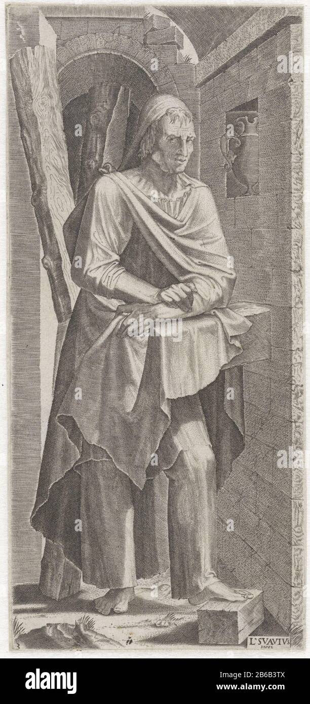 Apostel Andreas Christus, die zwölf Apostel und Paul (Serientitel) der Apostel Andreas steht und lehnt sich an einen Felsen, der aus der Wand ragt. Hinter ihm ein hölzernes Andreaskreuz. In einer Nische ein kruik. Hersteller: Druckmaschine: Lambertus Suaviusnaar Design: Lambertus Suavius ​​ (Listed Property) Ort Herstellung: Südniederland Datum: 1545 - 1548 Physikalische Merkmale: Fahrzeugmaterial: Papiertechnik: Engra (Druckverfahren) Abmessungen: Plattenkante: H 198 mm × b 91 mm Betreff: Der Apostel Andreas; mögliche Attribute: Buch, X-förmiges Kreuz, Fisch, Fischnetz, Seil, nach rechts scrollen Stockfoto