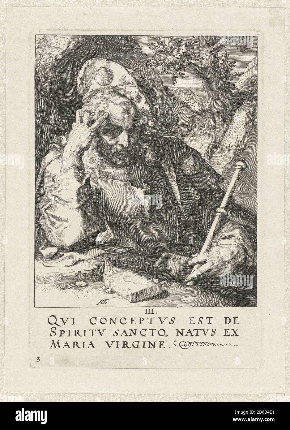 Apostel Jakobus, der Größere Christus, die zwölf Apostel und der heilige Paul (Serientitel) der heilige Jakobus, der Größere in halber Länge ist, ein Stab in der Hand, Muscheln auf Hut und Mantel. Im Rand unterhalb des Drucks einige Zeilen lateinischer Schrift. Drucken Sie aus einer Reihe von Veertien. Hersteller: Druckhersteller: Hendrick Goltzius (auf Objekt angegeben), bei dessen Entwurf: Hendrick Goltzius Verlag: Hendrick Goltzius Herstellung: Haarlem Datum: 1589 Physikalische Eigenschaften: Engra-Material: Papiertechnik: Engra-Messungen (Druckverfahren): Plattenkante: H 150 mm × W 103 mm Betreff: Der Apostel James der Große; möglich Stockfoto