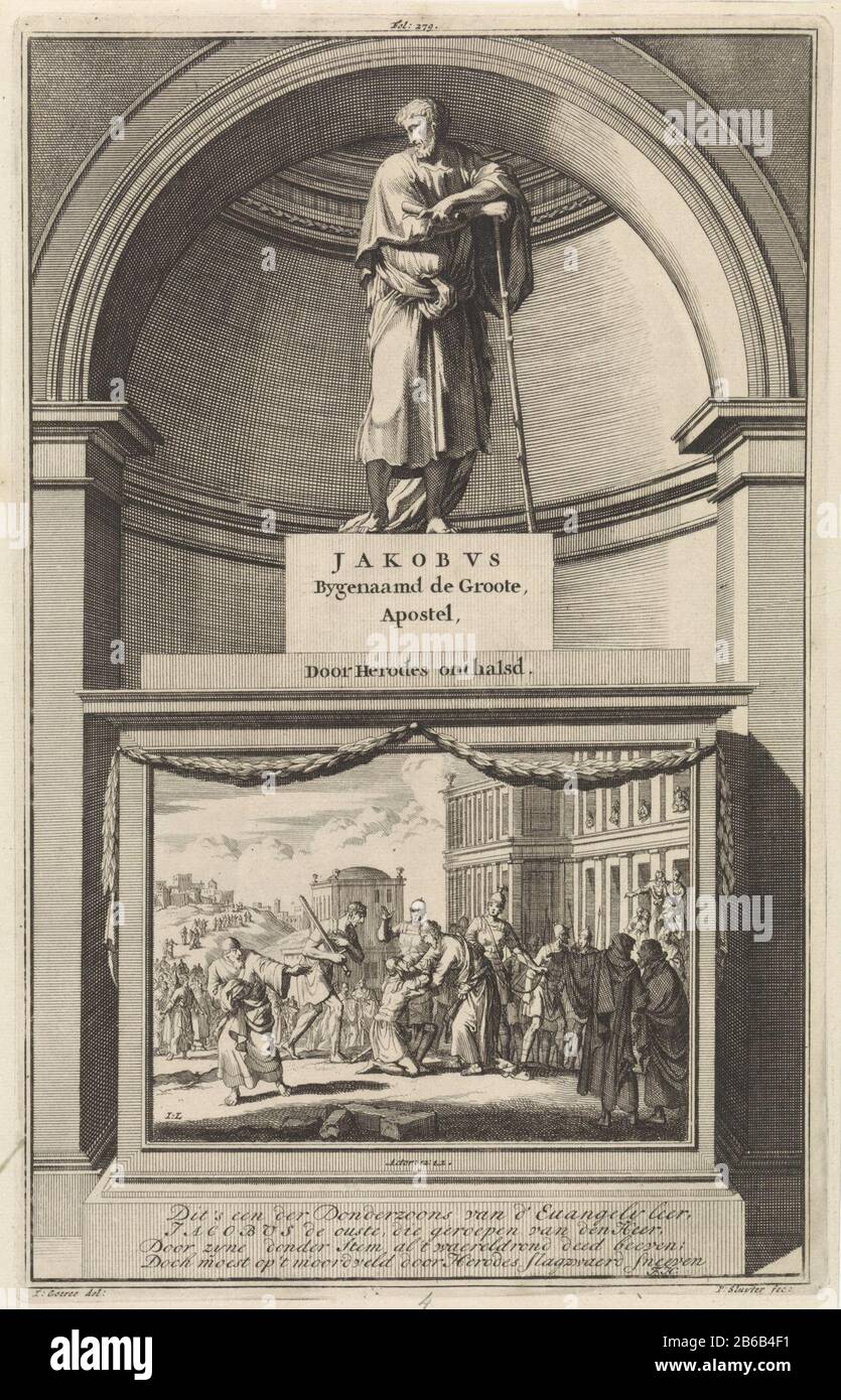 Außerdem enthauptete der heilige Jakobus Bygenaamd de Groote, Apostel Von Herodes (Titelobjekt) den Apostel Jakobus der Größere, der sich auf einen Gehstock in der Hand und eine Papierrolle gelehnt hatte. James steht auf einem Sockel, Auf Dem: Vorne ist Enthauptung abgebildet. Drucken Sie oben Mitte markiert: FOL: 279. Hersteller : Druckerhersteller Jan Luyken (denkmalgeschütztes Gebäude) Druckerhersteller: Zacharias Chatelain (II) (denkmalgeschütztes Gebäude) in Zeichnung: Jan Goeree (Listed Property) Autor: François Halma (Listed Object) Herausgeber: François Halma Place Manufacturing: Amsterdam Datum: 1698 Physikalische Merkmale: Radierung und Engra-Material: Papiertechnik Stockfoto