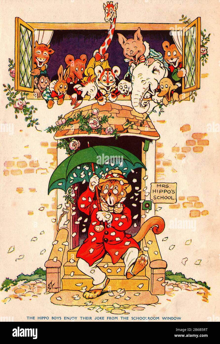 Englische Comic-Illustration für Kinder aus den 1920er Jahren - Herr Puma  verlässt die Schule von Frau Hippo, während Tierfreunde, darunter Tiger  Tim, zusehen, wie er mit Papier geduscht wird, das sie als